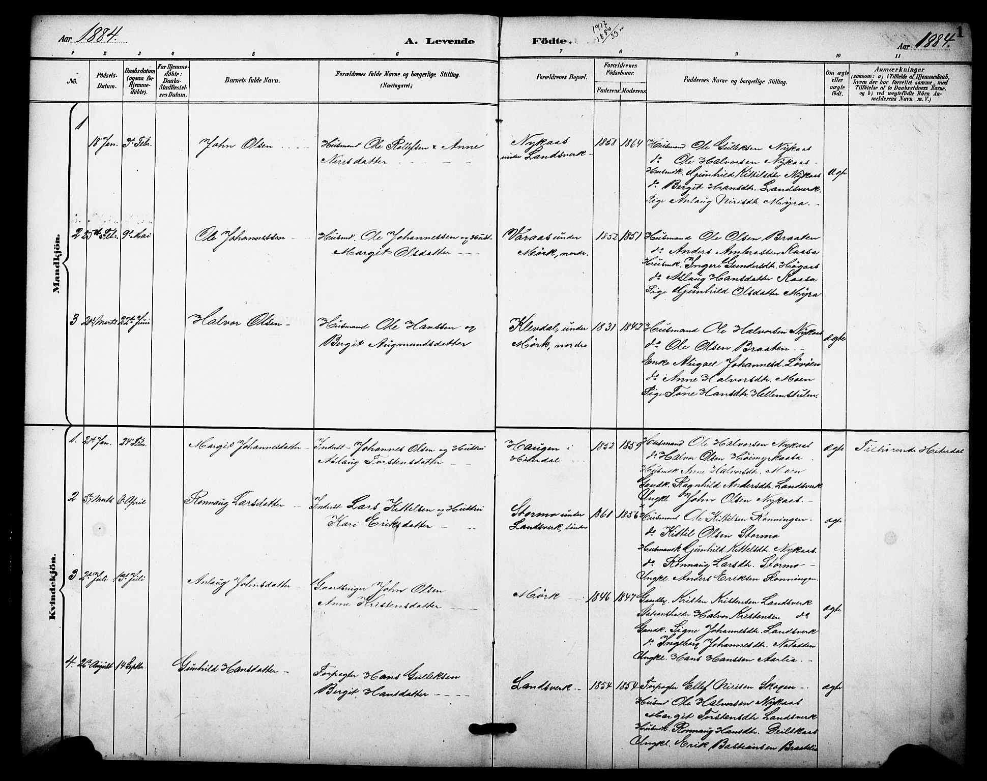 Heddal kirkebøker, SAKO/A-268/F/Fb/L0001: Parish register (official) no. II 1, 1884-1910, p. 1