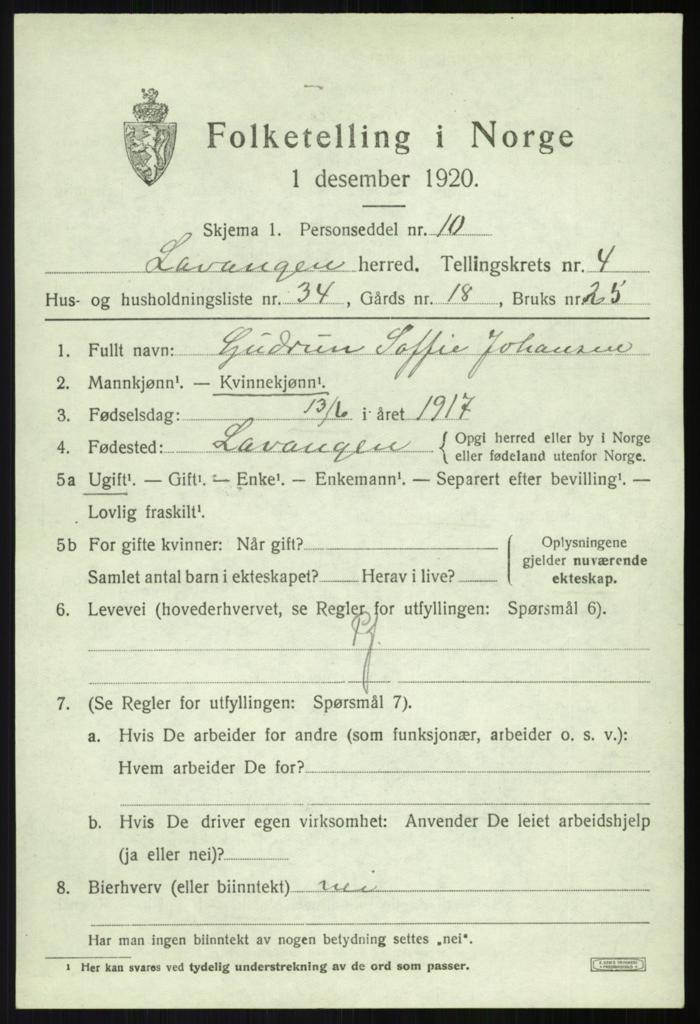 SATØ, 1920 census for Lavangen, 1920, p. 2307