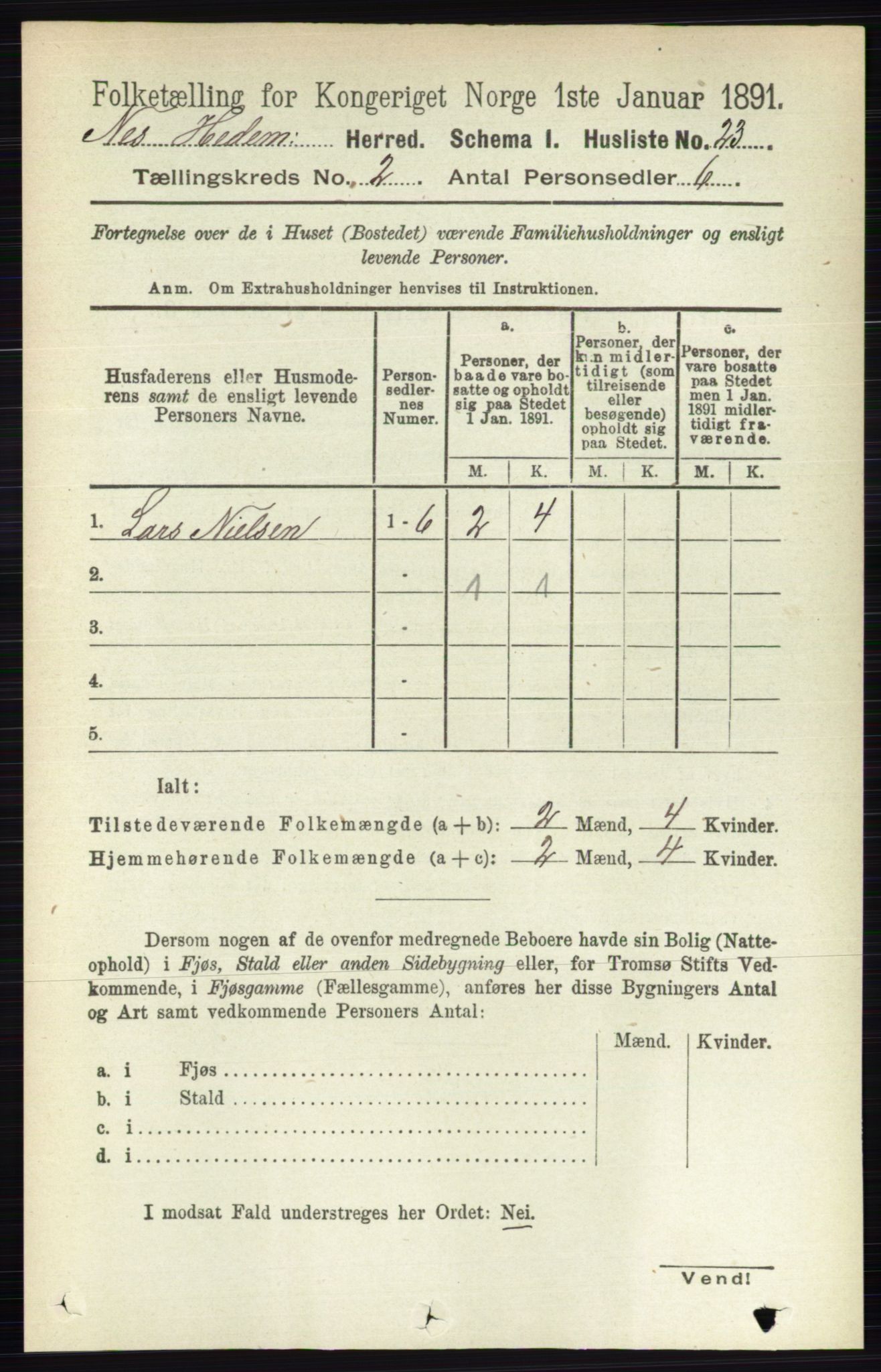RA, 1891 census for 0411 Nes, 1891, p. 1027