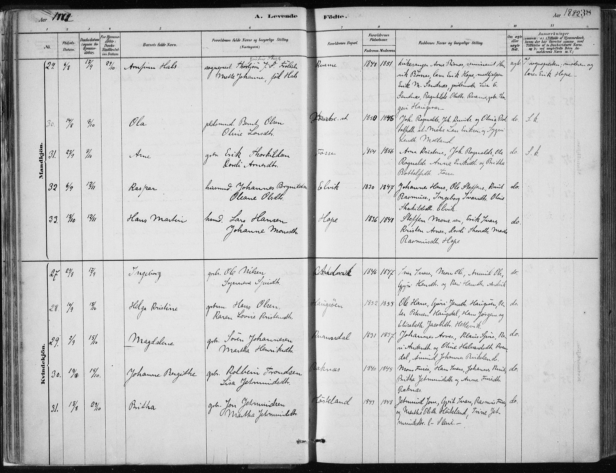 Masfjorden Sokneprestembete, AV/SAB-A-77001: Parish register (official) no. B  1, 1876-1899, p. 38