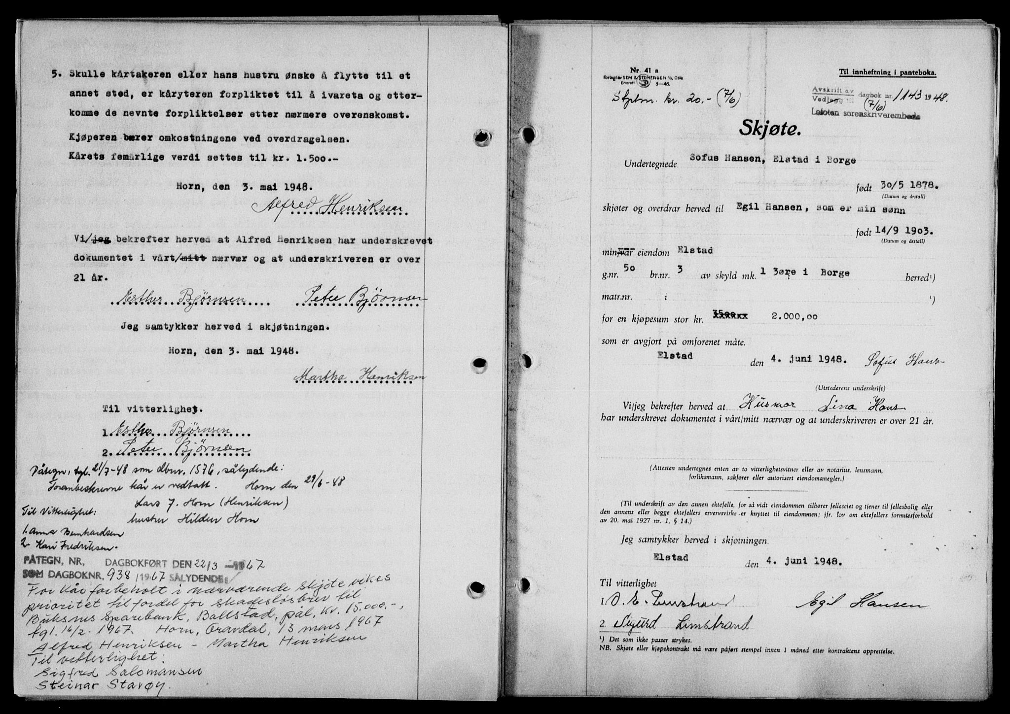 Lofoten sorenskriveri, SAT/A-0017/1/2/2C/L0018a: Mortgage book no. 18a, 1948-1948, Diary no: : 1143/1948