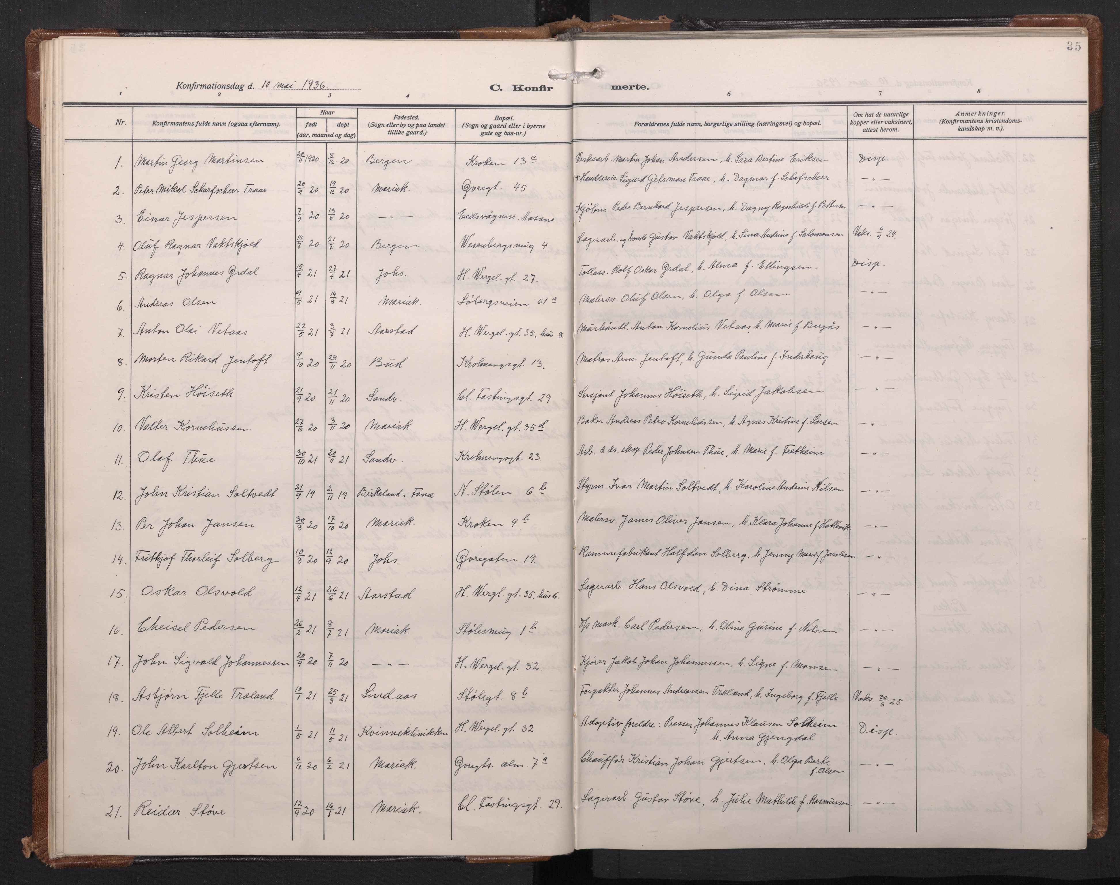 Mariakirken Sokneprestembete, AV/SAB-A-76901/H/Haa/L0016: Parish register (official) no. C 4, 1927-1938, p. 34b-35a