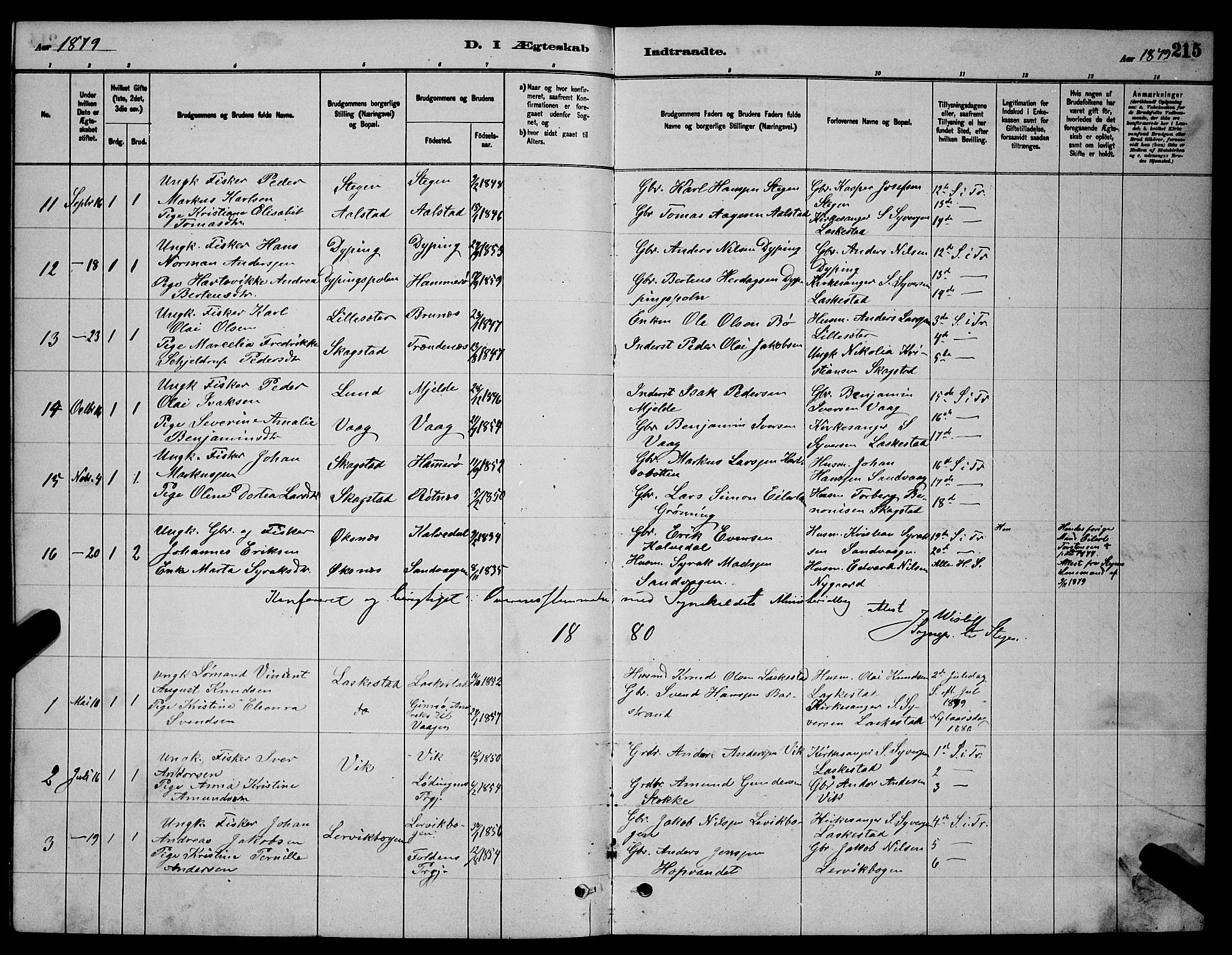 Ministerialprotokoller, klokkerbøker og fødselsregistre - Nordland, AV/SAT-A-1459/855/L0816: Parish register (copy) no. 855C05, 1879-1894, p. 215