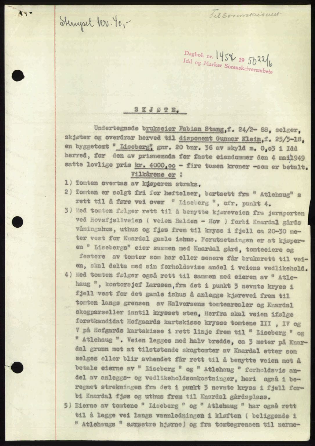 Idd og Marker sorenskriveri, AV/SAO-A-10283/G/Gb/Gbb/L0014: Mortgage book no. A14, 1950-1950, Diary no: : 1457/1950