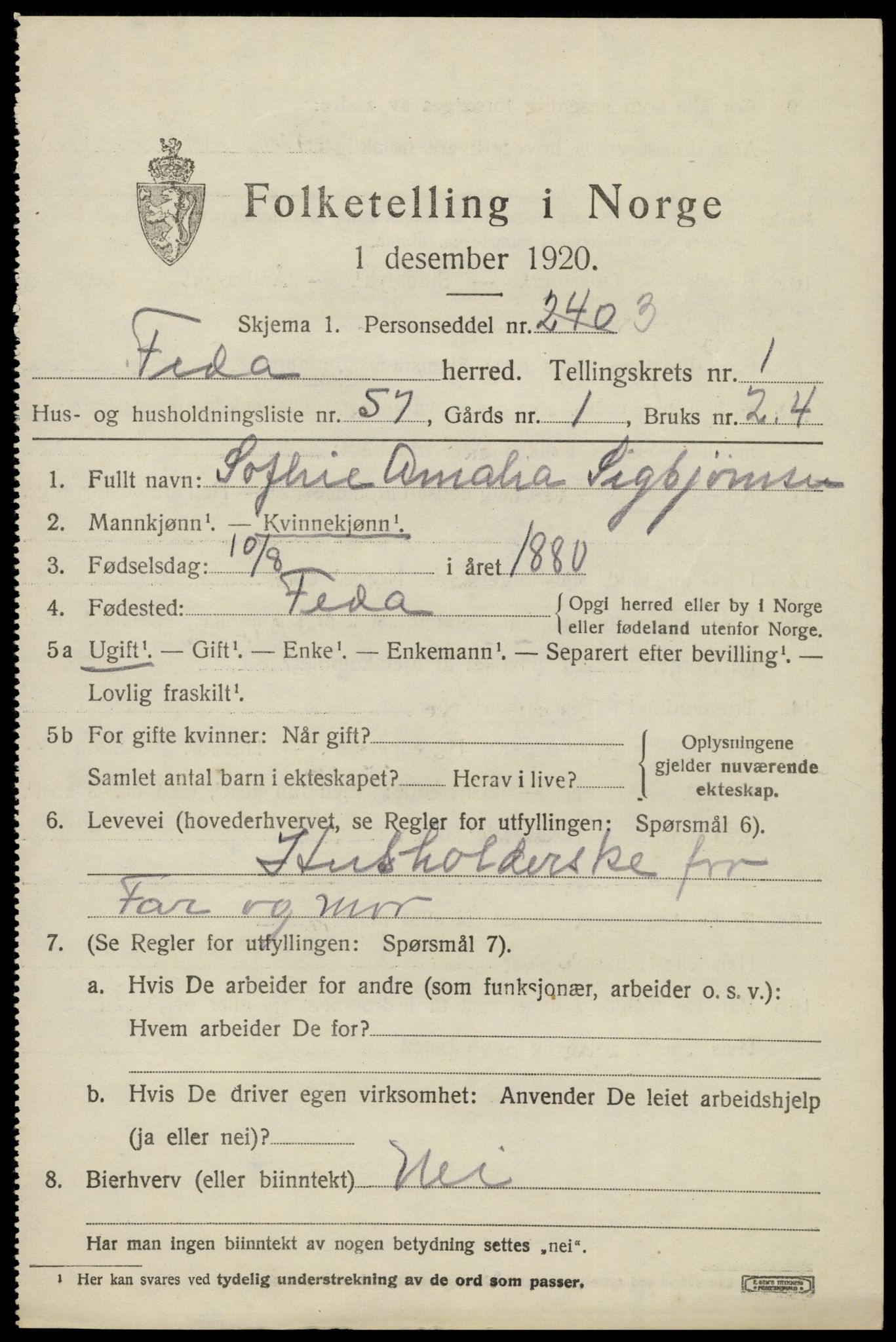 SAK, 1920 census for Feda, 1920, p. 931