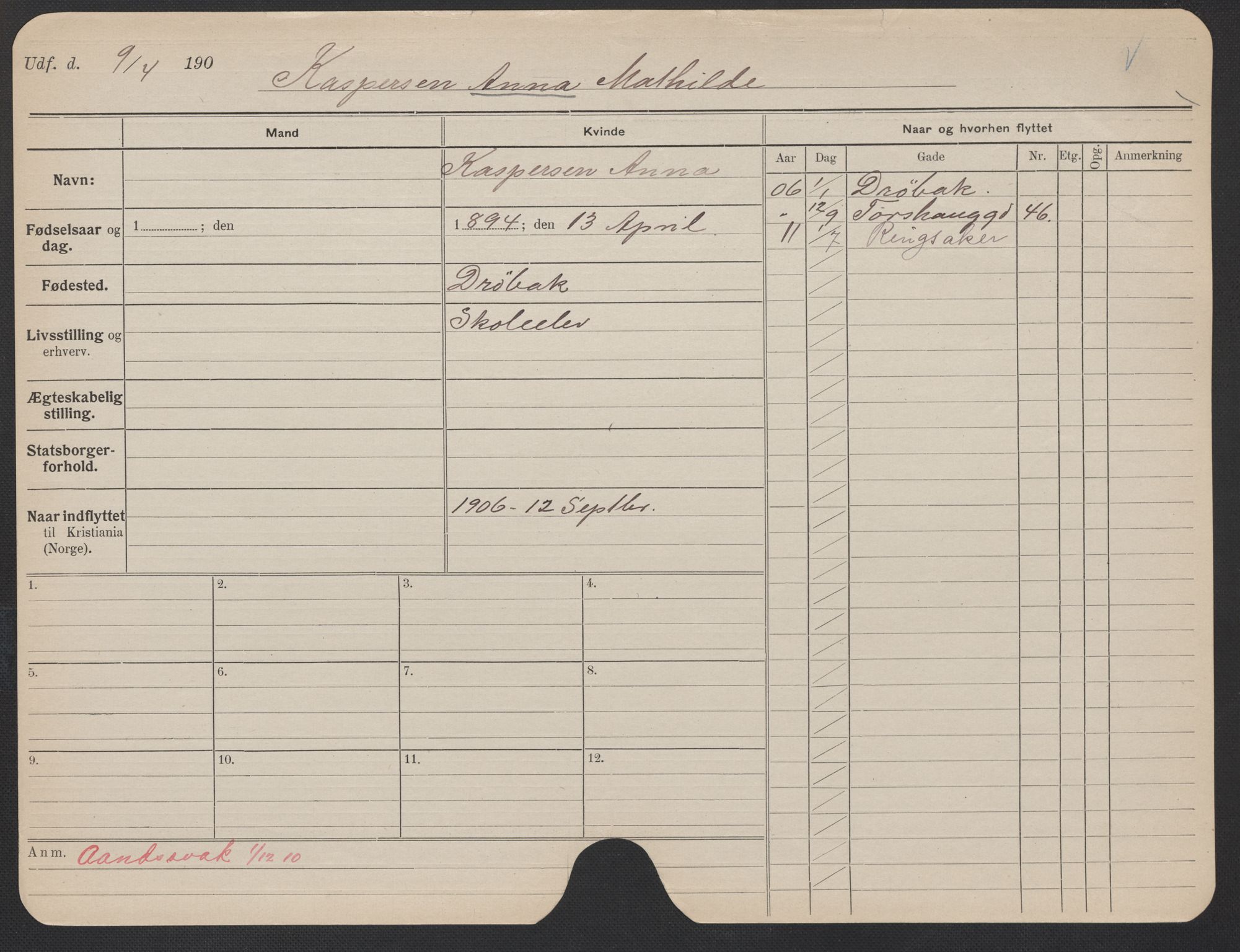 Oslo folkeregister, Registerkort, AV/SAO-A-11715/F/Fa/Fac/L0018: Kvinner, 1906-1914, p. 952a