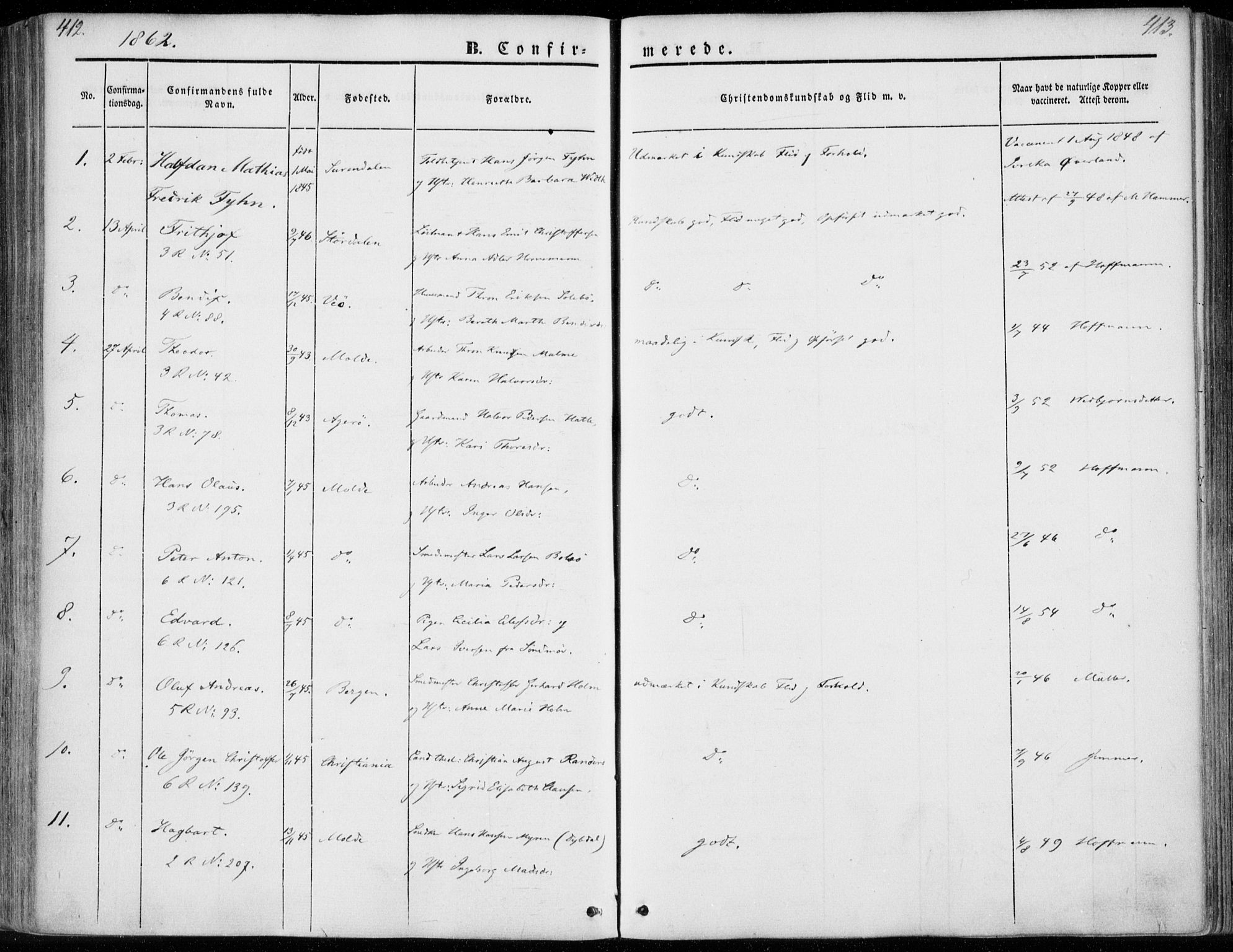 Ministerialprotokoller, klokkerbøker og fødselsregistre - Møre og Romsdal, AV/SAT-A-1454/558/L0689: Parish register (official) no. 558A03, 1843-1872, p. 412-413