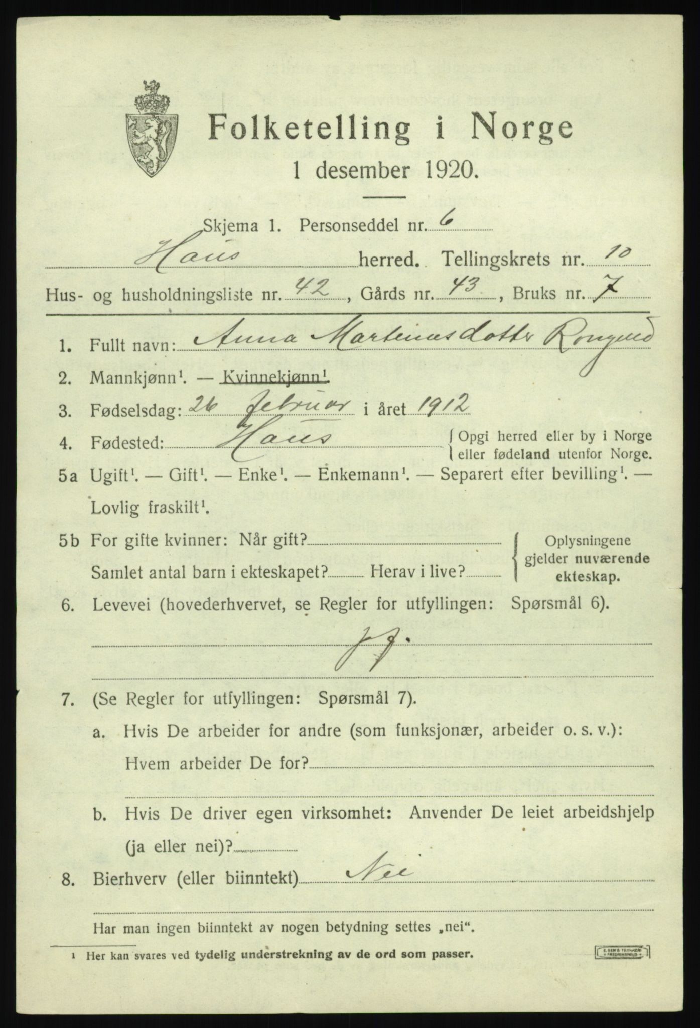 SAB, 1920 census for Haus, 1920, p. 6711