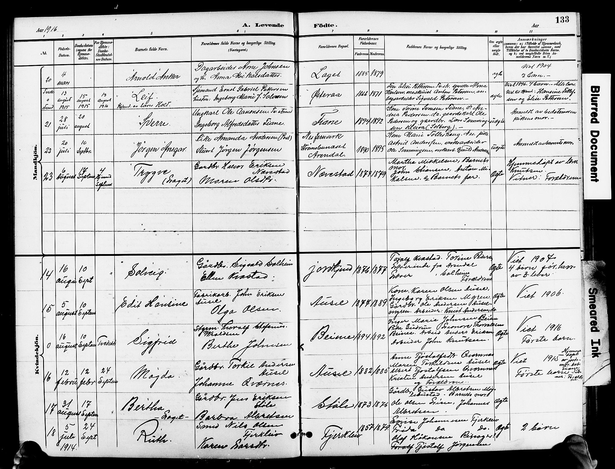 Holt sokneprestkontor, AV/SAK-1111-0021/F/Fb/L0011: Parish register (copy) no. B 11, 1897-1921, p. 133