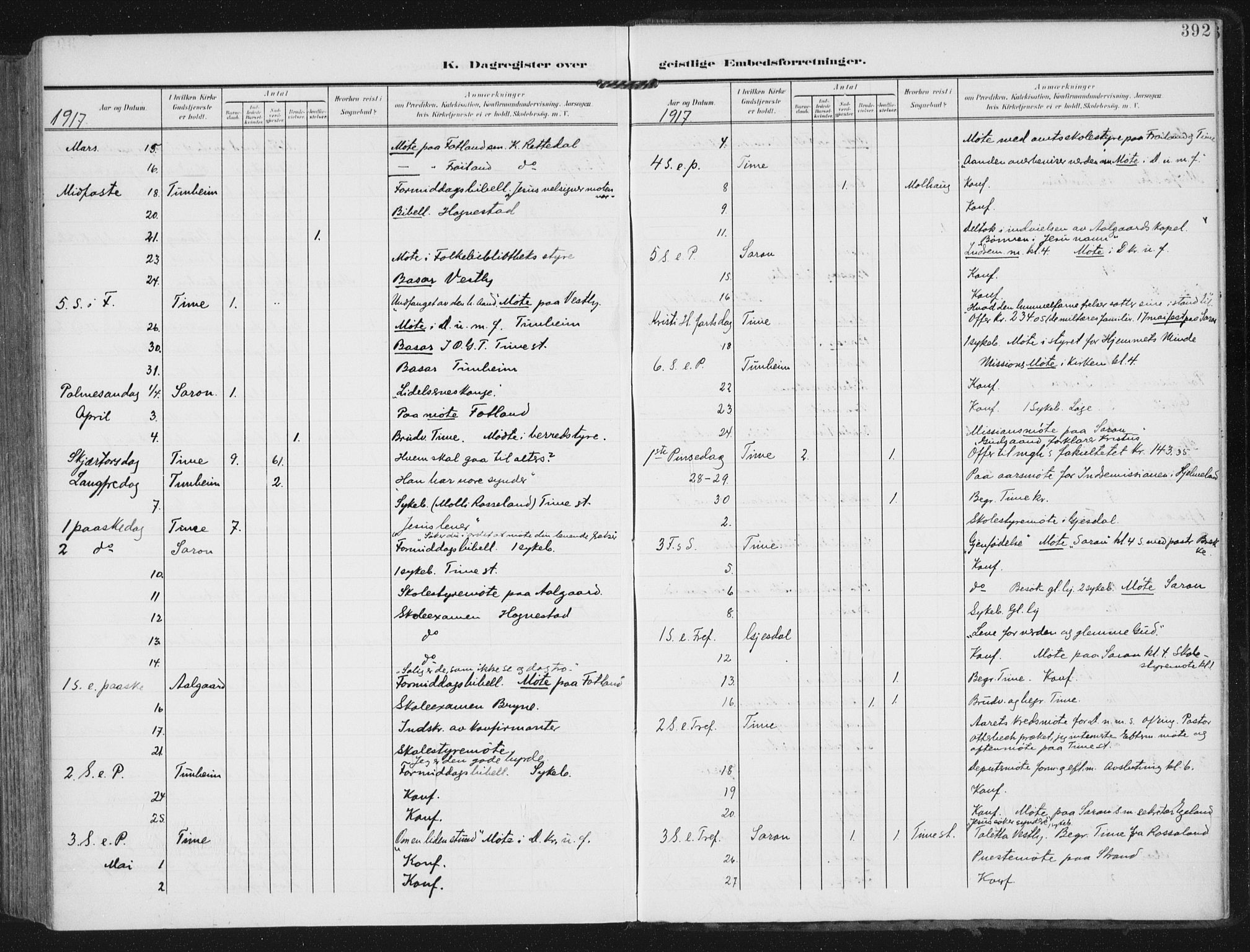 Lye sokneprestkontor, AV/SAST-A-101794/002/A/L0001: Parish register (official) no. A 12, 1904-1920, p. 392