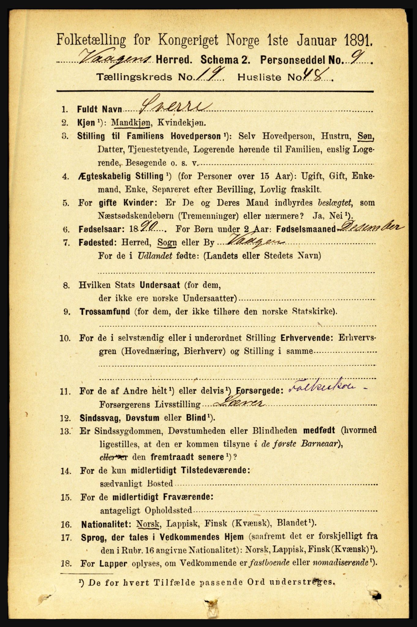 RA, 1891 census for 1865 Vågan, 1891, p. 5825