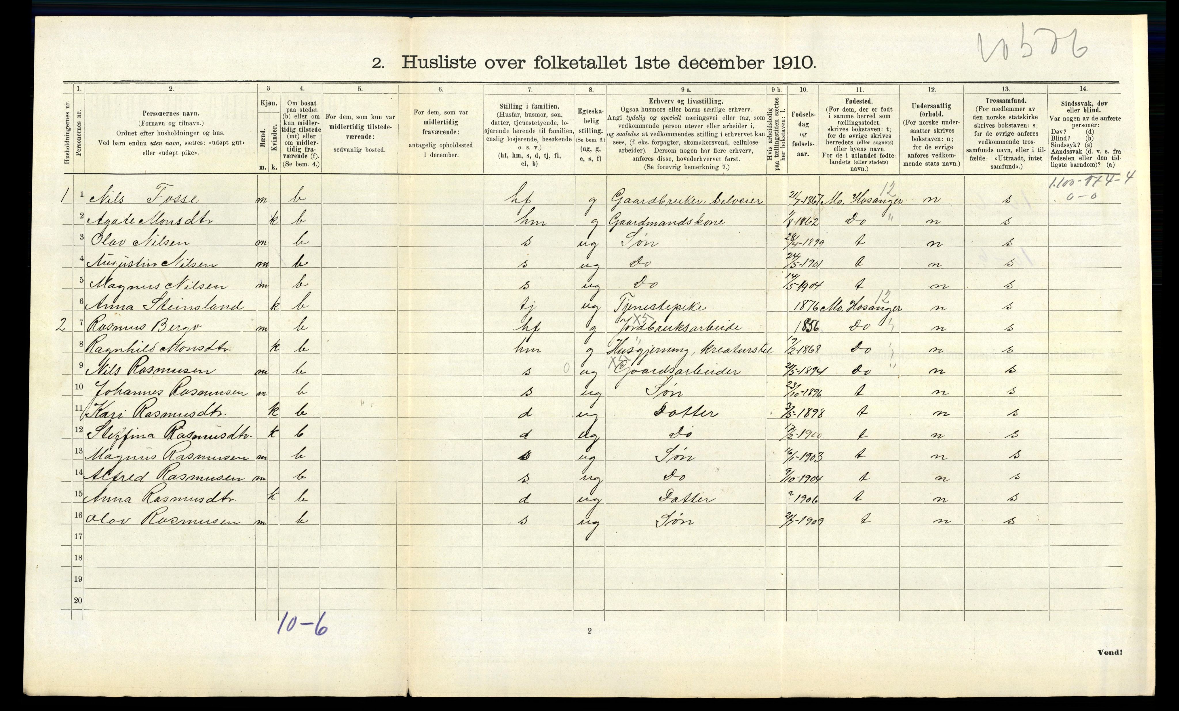 RA, 1910 census for Evanger, 1910, p. 332