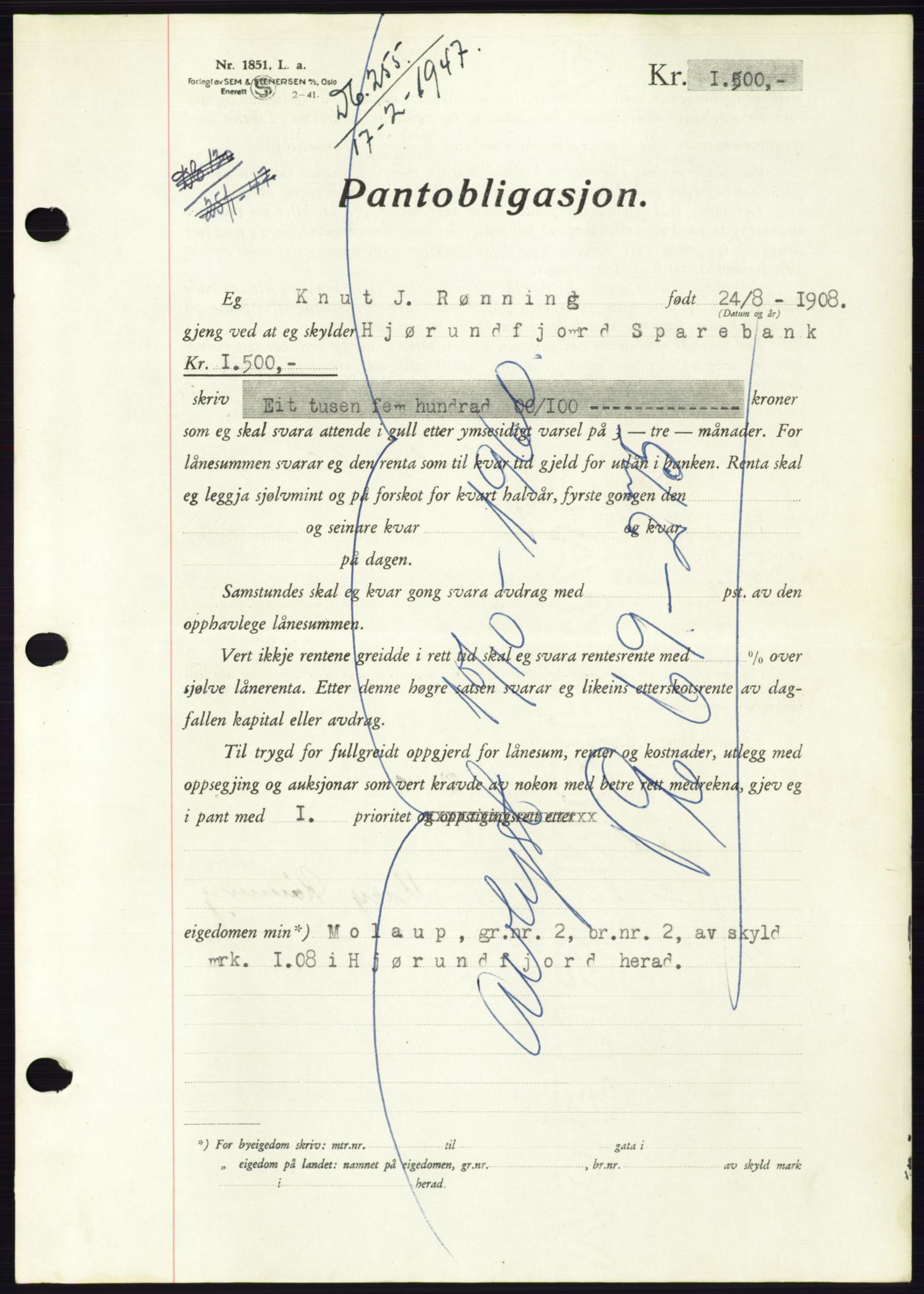 Søre Sunnmøre sorenskriveri, AV/SAT-A-4122/1/2/2C/L0114: Mortgage book no. 1-2B, 1943-1947, Diary no: : 255/1947