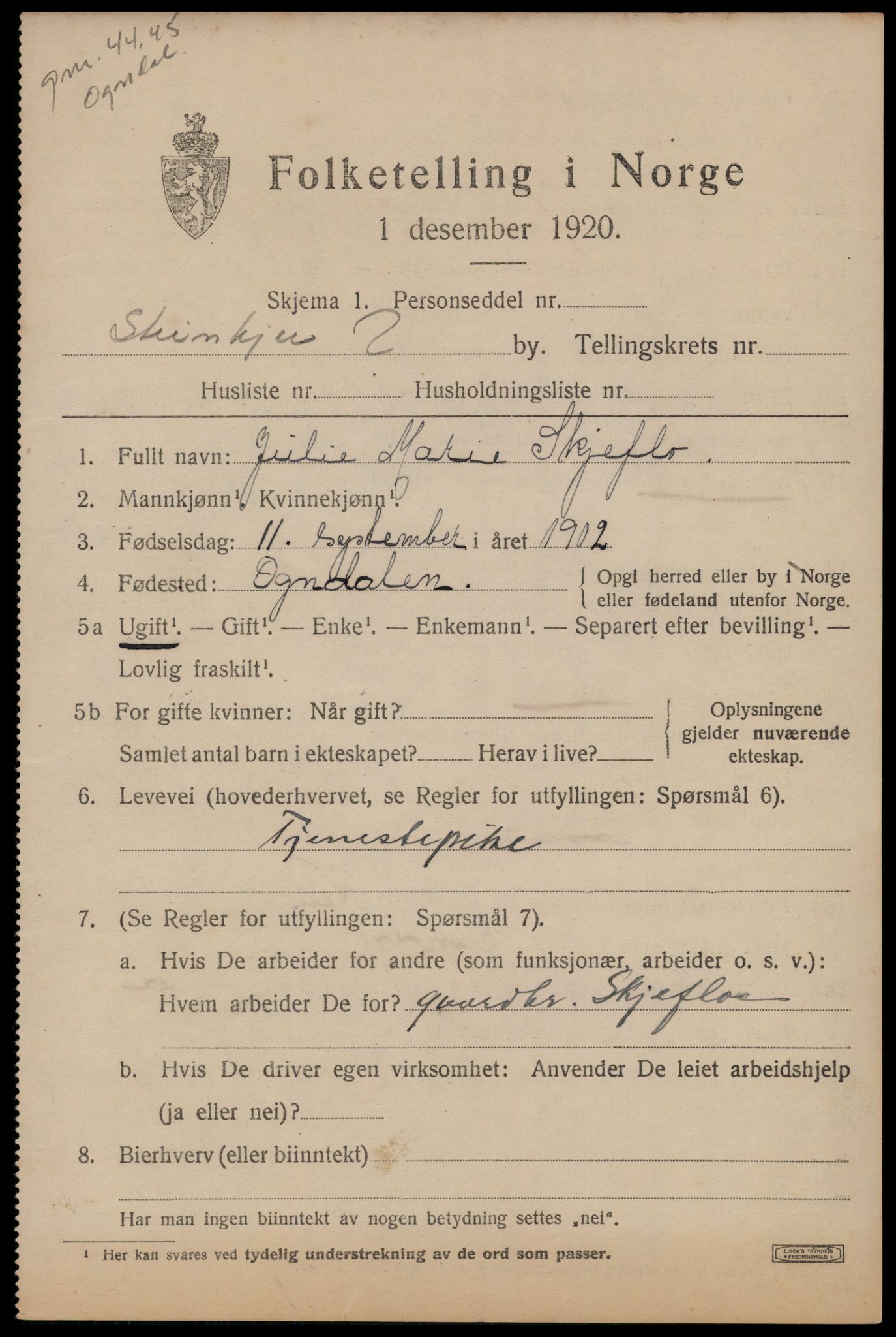 SAT, 1920 census for Steinkjer, 1920, p. 7880