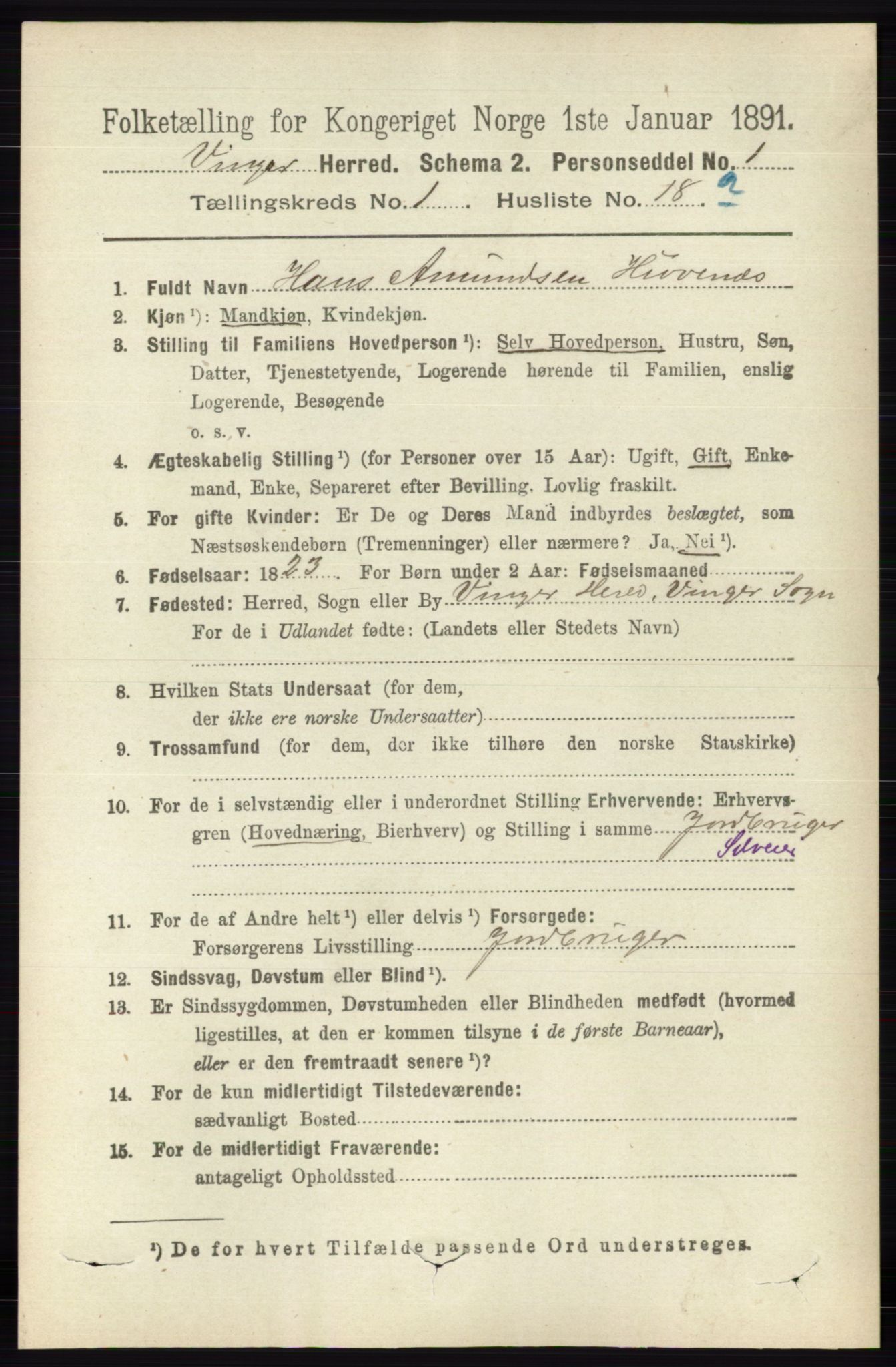 RA, 1891 census for 0421 Vinger, 1891, p. 213