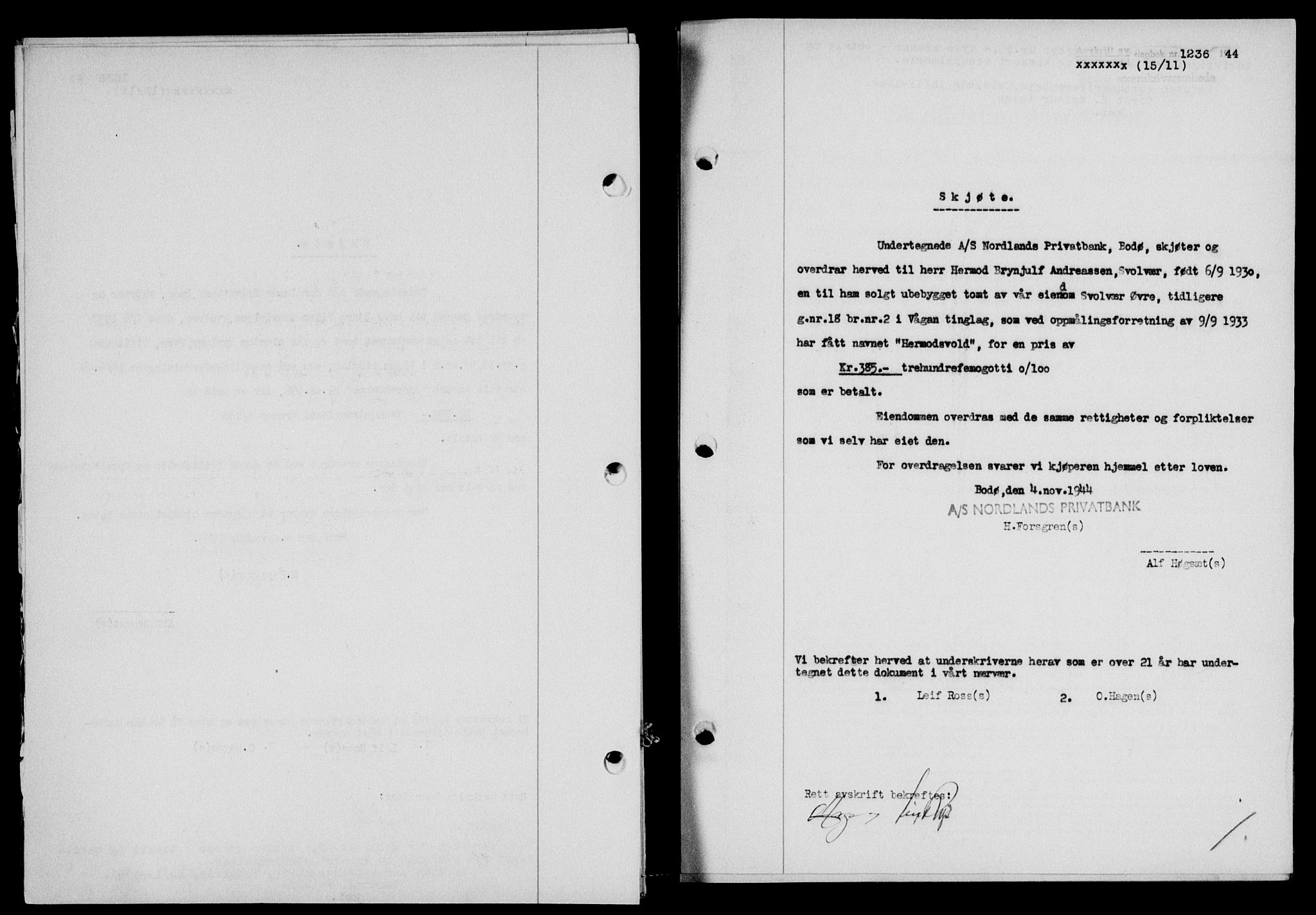 Lofoten sorenskriveri, SAT/A-0017/1/2/2C/L0012a: Mortgage book no. 12a, 1943-1944, Diary no: : 1236/1944