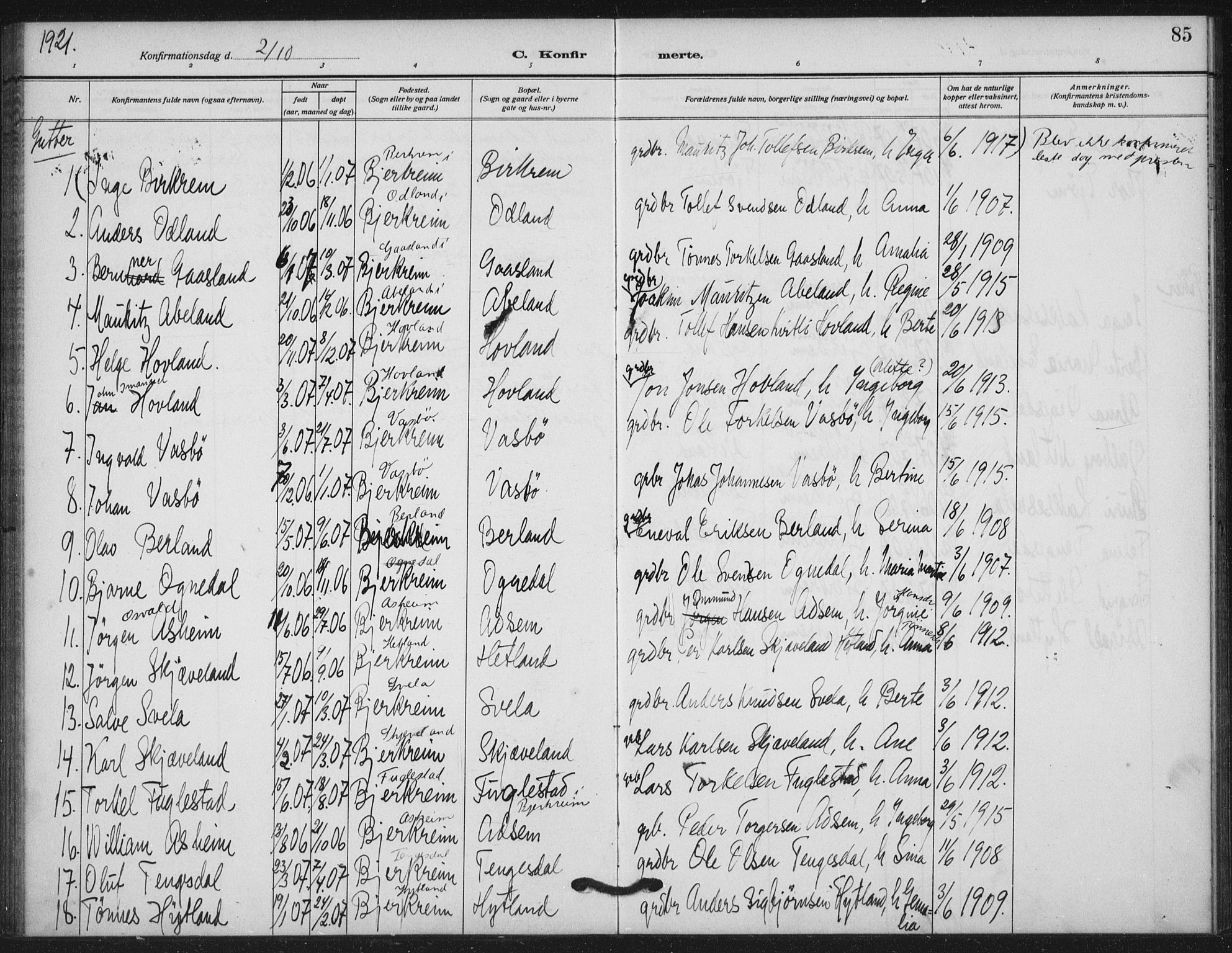 Helleland sokneprestkontor, SAST/A-101810: Parish register (official) no. A 11, 1909-1922, p. 85