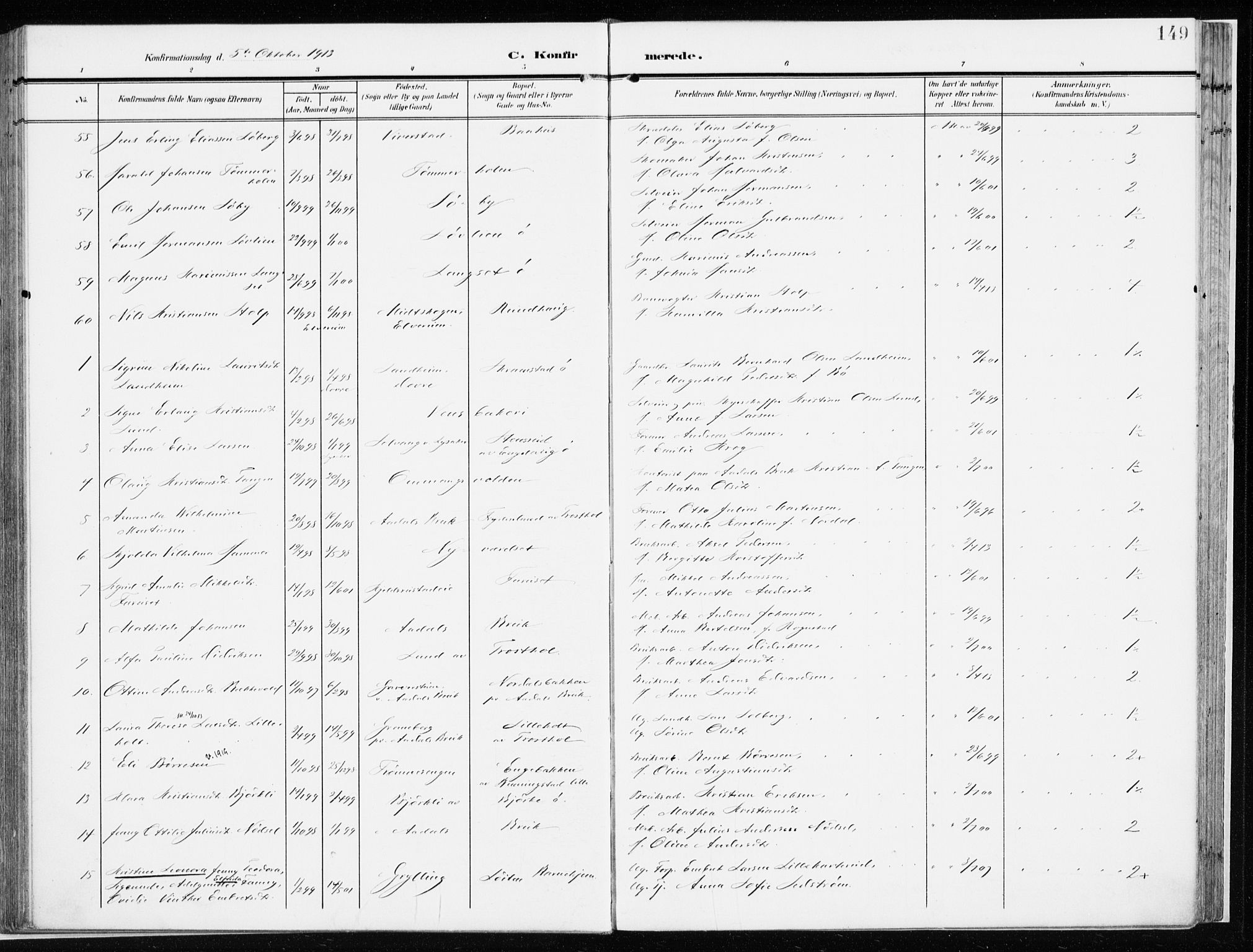 Løten prestekontor, AV/SAH-PREST-022/K/Ka/L0011: Parish register (official) no. 11, 1908-1917, p. 149