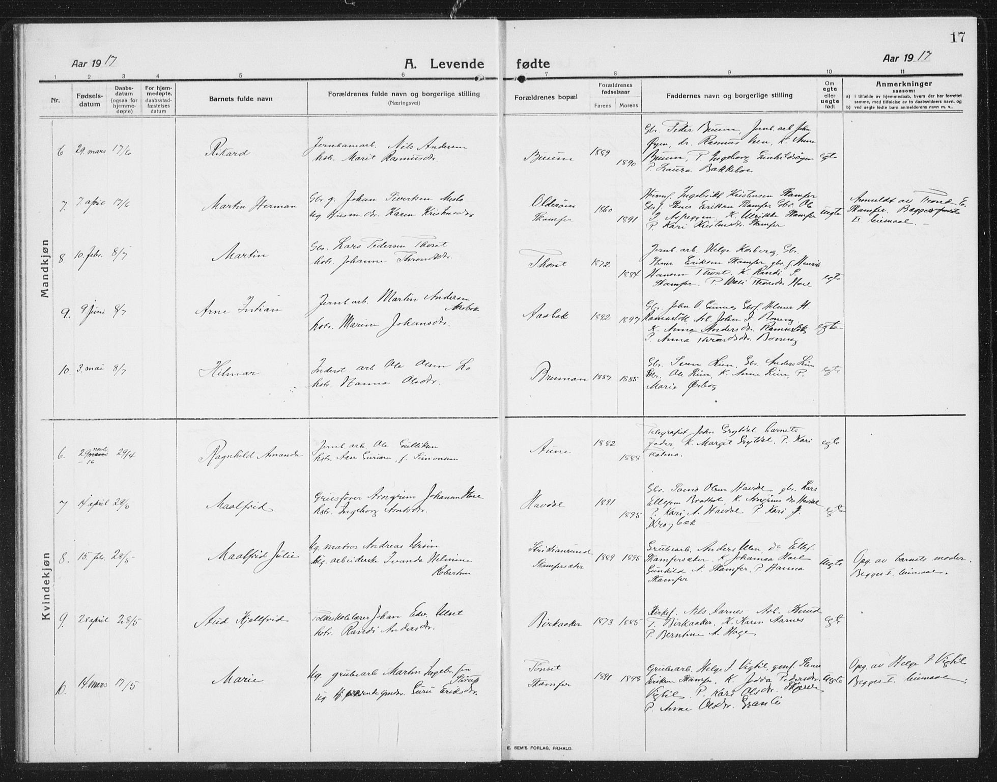 Ministerialprotokoller, klokkerbøker og fødselsregistre - Sør-Trøndelag, AV/SAT-A-1456/675/L0888: Parish register (copy) no. 675C01, 1913-1935, p. 17