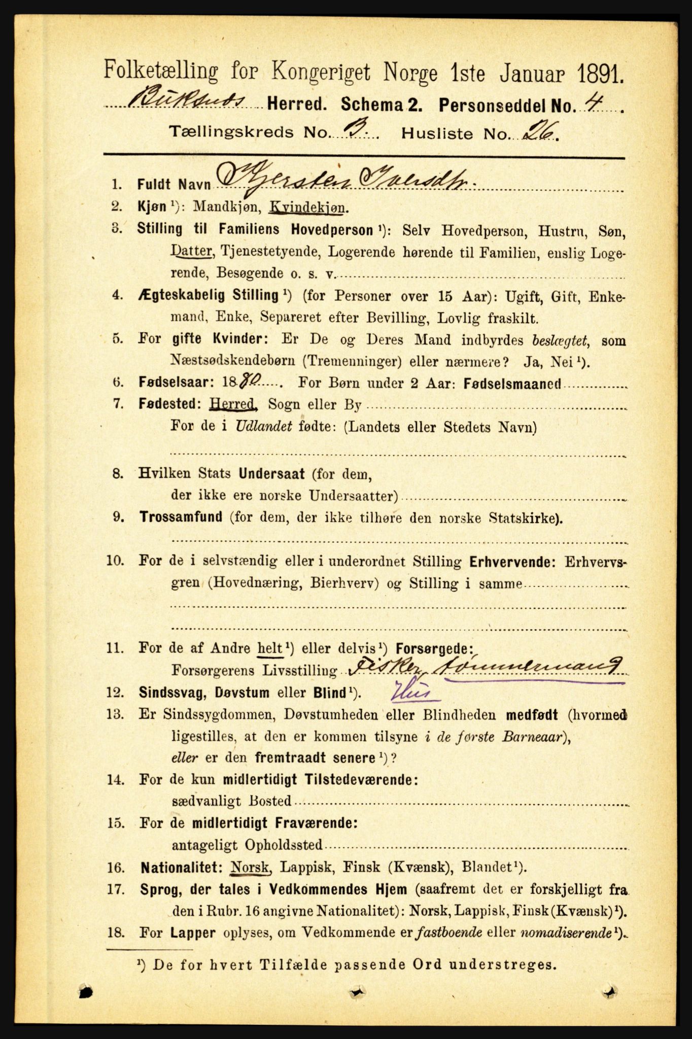 RA, 1891 census for 1860 Buksnes, 1891, p. 2368