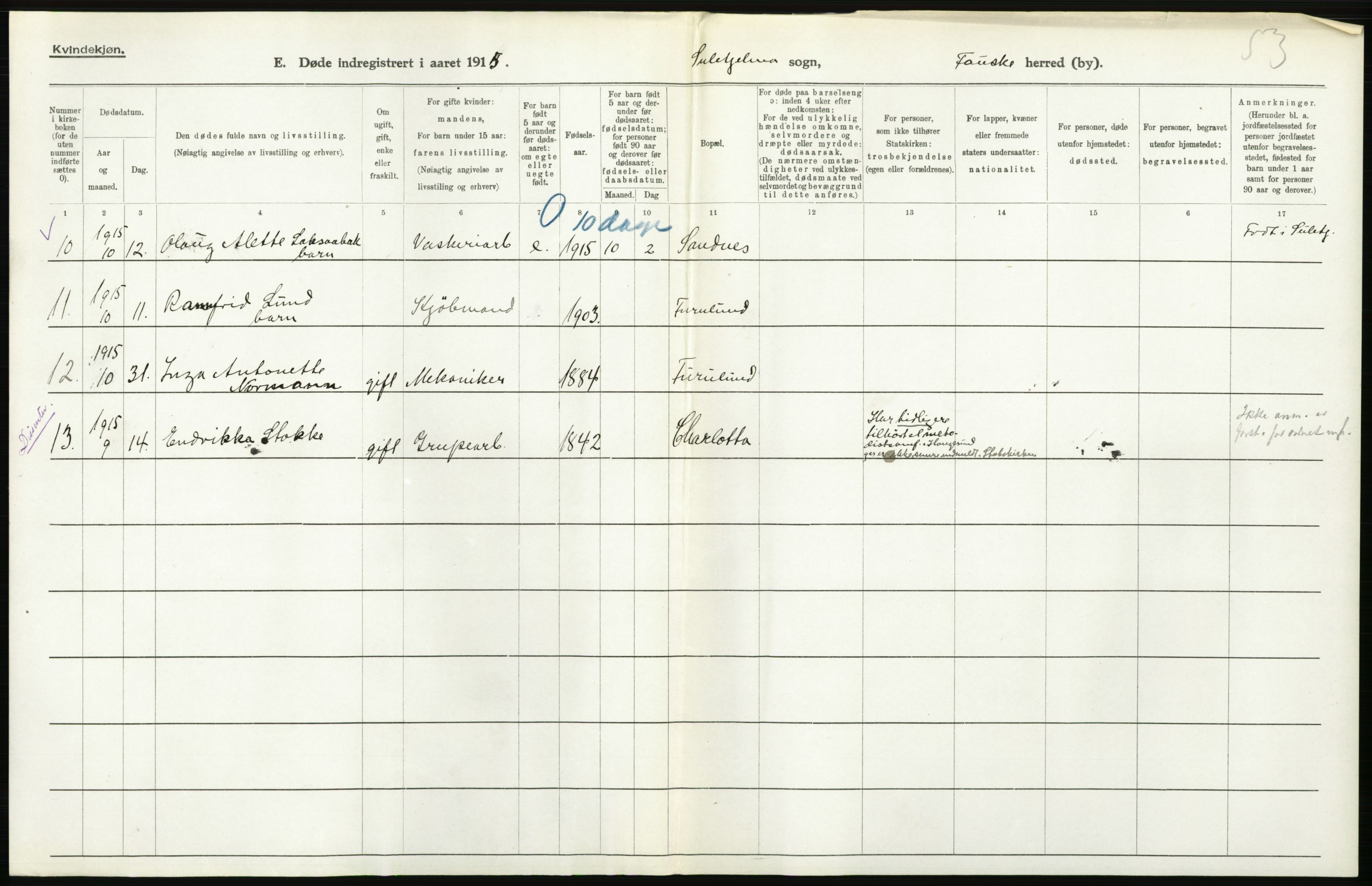 Statistisk sentralbyrå, Sosiodemografiske emner, Befolkning, AV/RA-S-2228/D/Df/Dfb/Dfbe/L0049: Nordlands amt: Døde. Bygder., 1915, p. 28