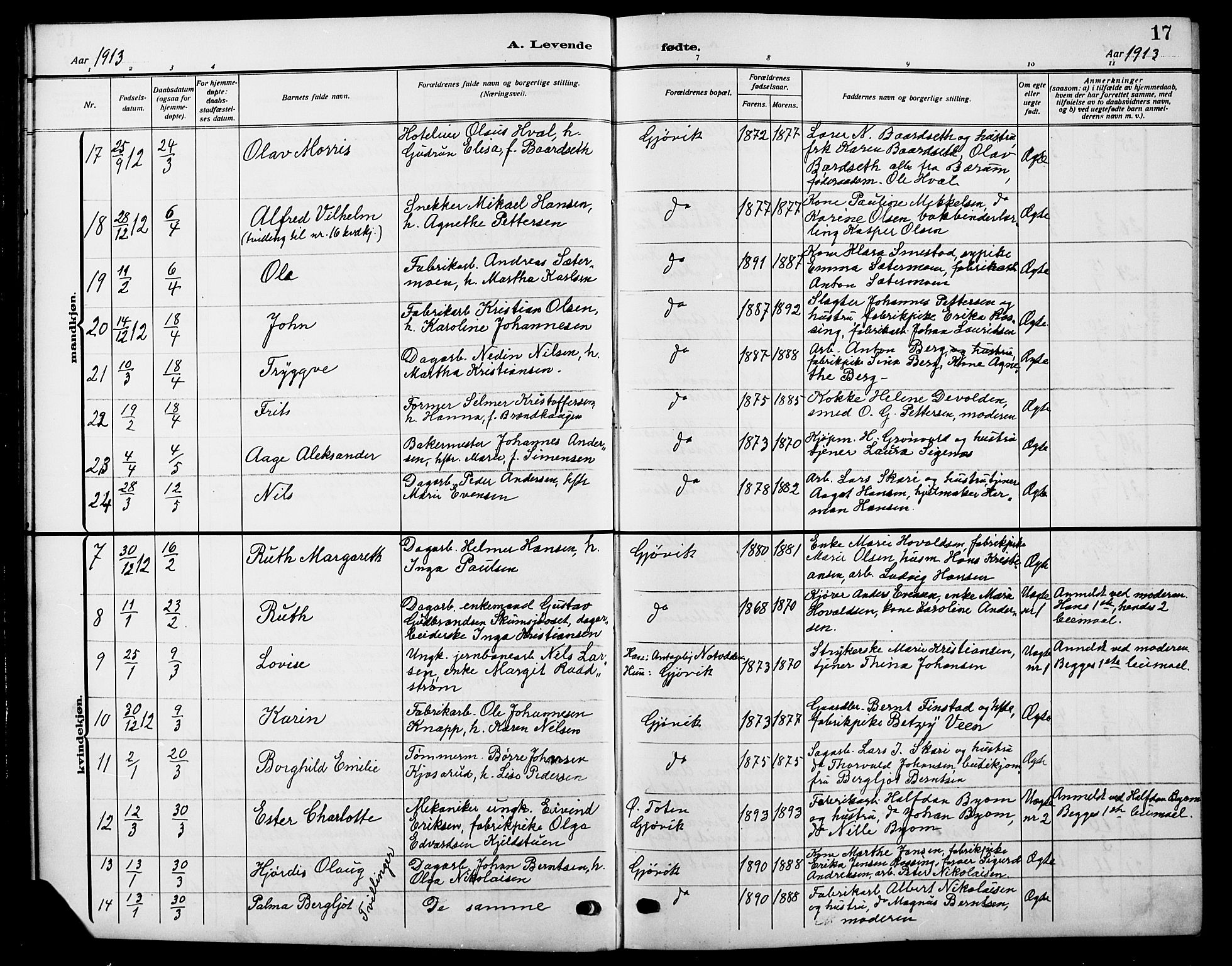 Vardal prestekontor, AV/SAH-PREST-100/H/Ha/Hab/L0014: Parish register (copy) no. 14, 1911-1922, p. 17