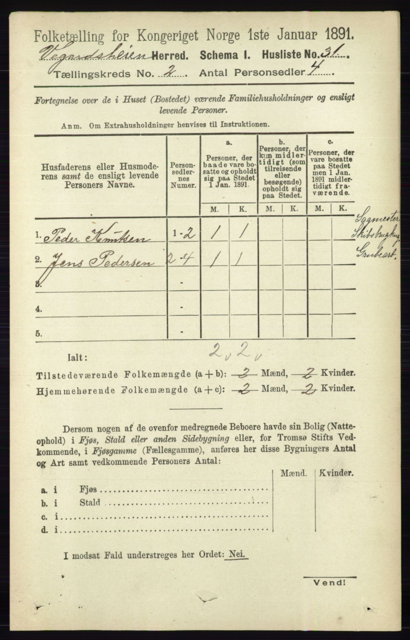 RA, 1891 census for 0912 Vegårshei, 1891, p. 354