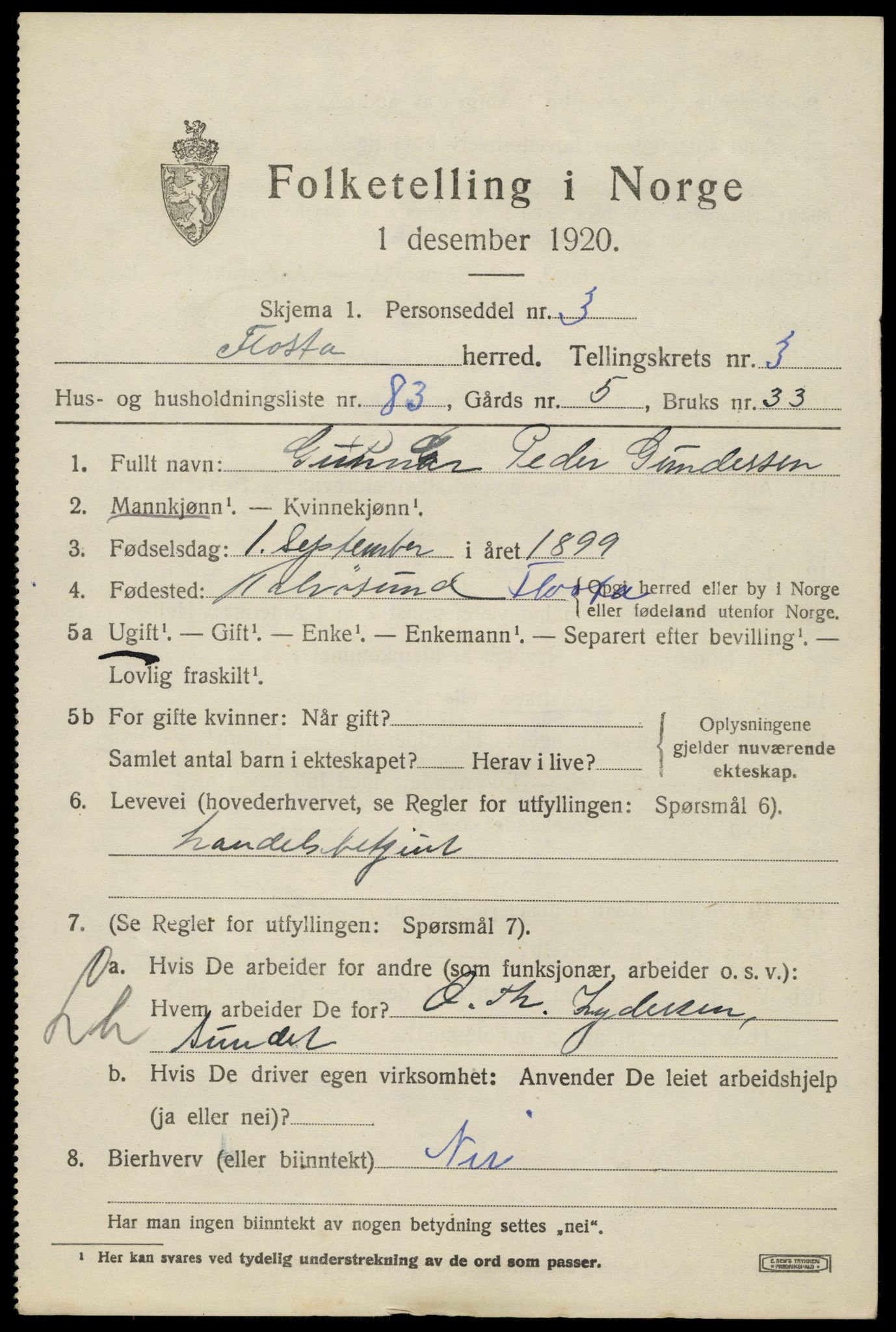 SAK, 1920 census for Flosta, 1920, p. 2312