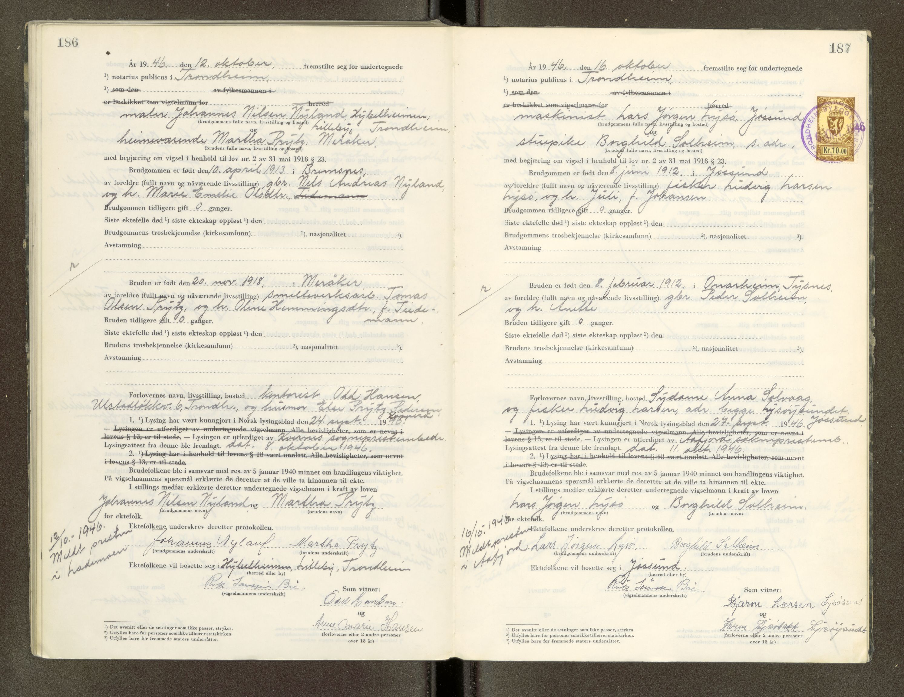 Trondheim byfogd, AV/SAT-A-0003/1/6/6D/L0005: Vigselbøker, 1944-1948, p. 186-187