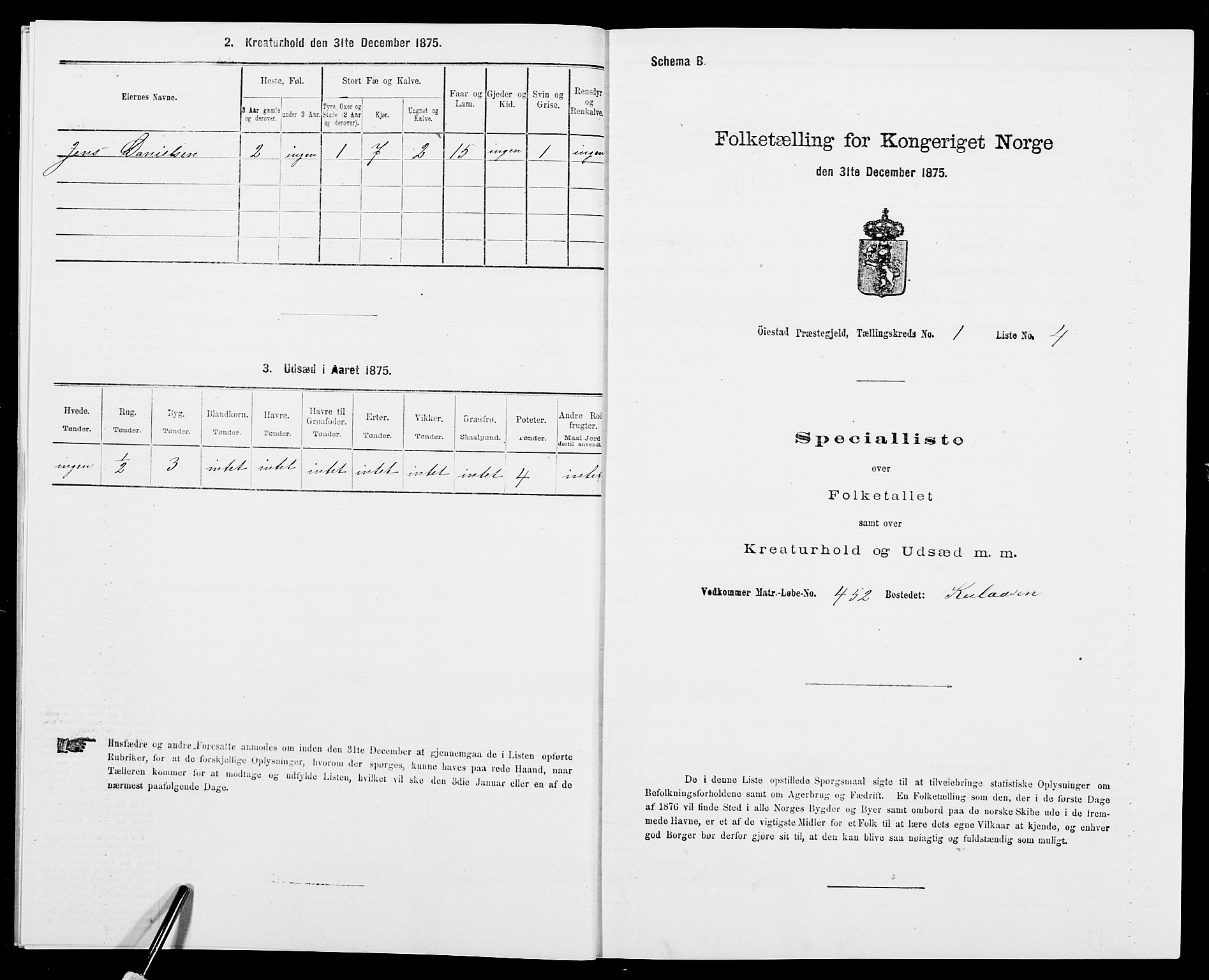 SAK, 1875 census for 0920P Øyestad, 1875, p. 64