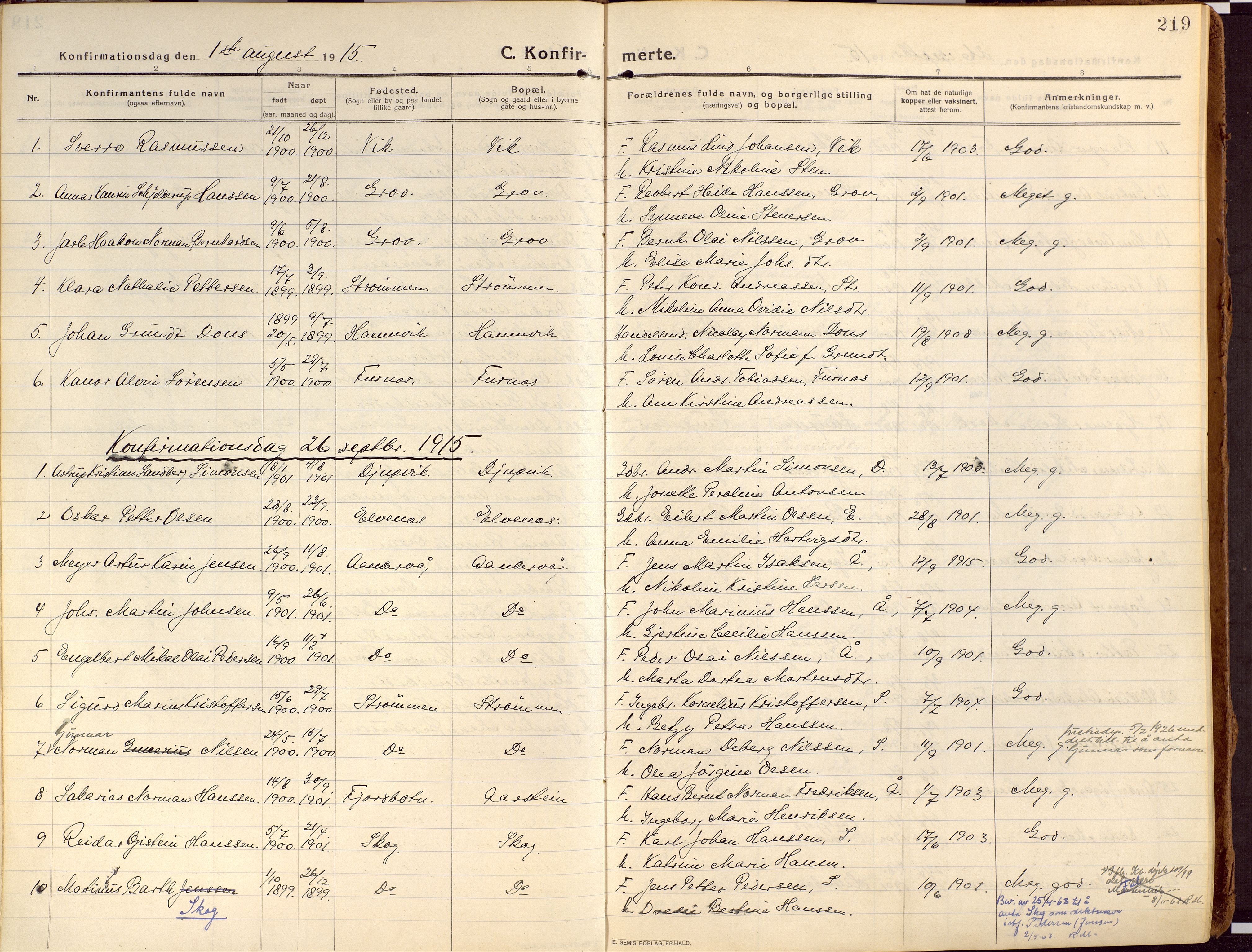 Ibestad sokneprestembete, AV/SATØ-S-0077/H/Ha/Haa/L0018kirke: Parish register (official) no. 18, 1915-1929, p. 219