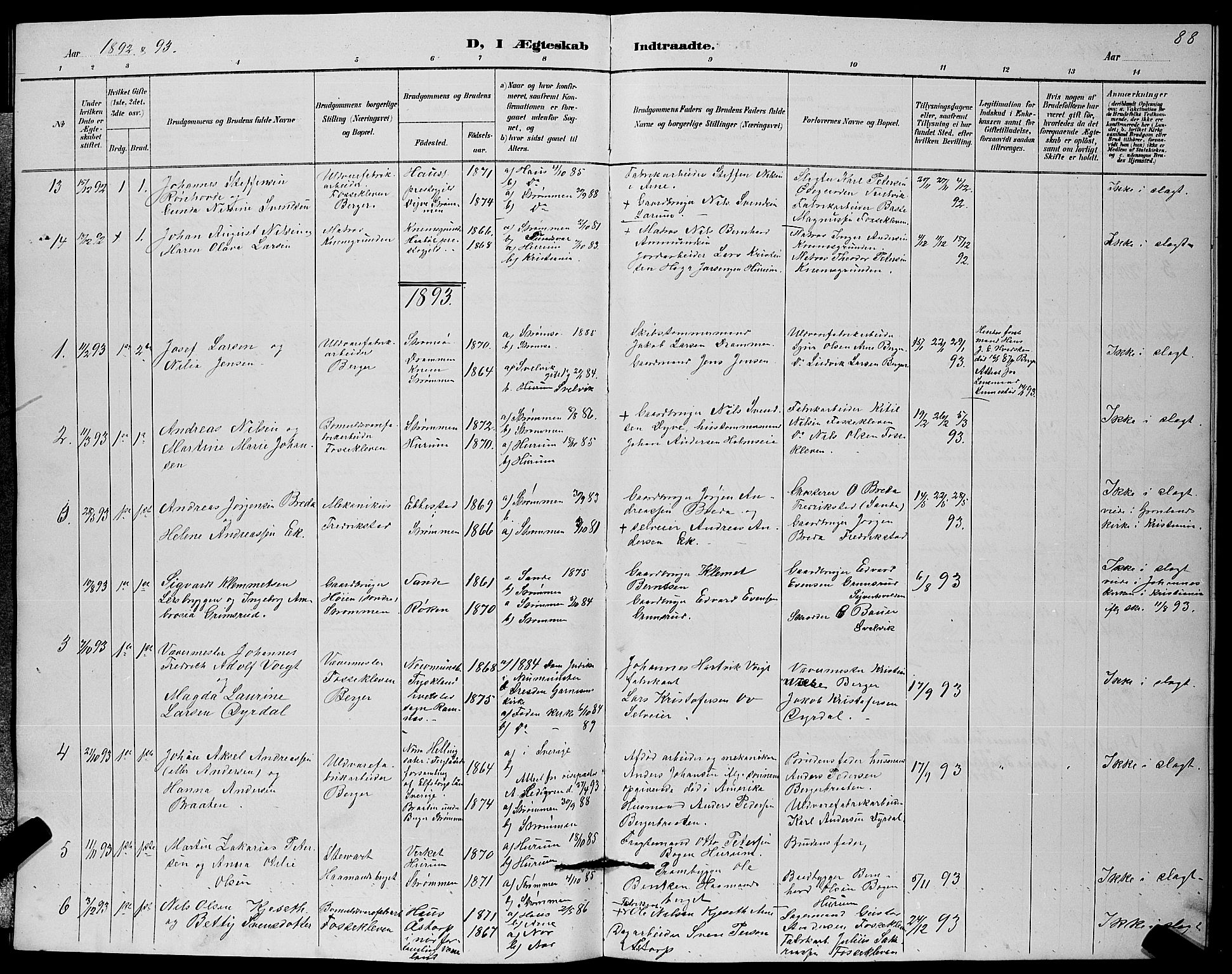 Strømm kirkebøker, SAKO/A-322/G/Ga/L0003: Parish register (copy) no. I 3, 1889-1896, p. 88