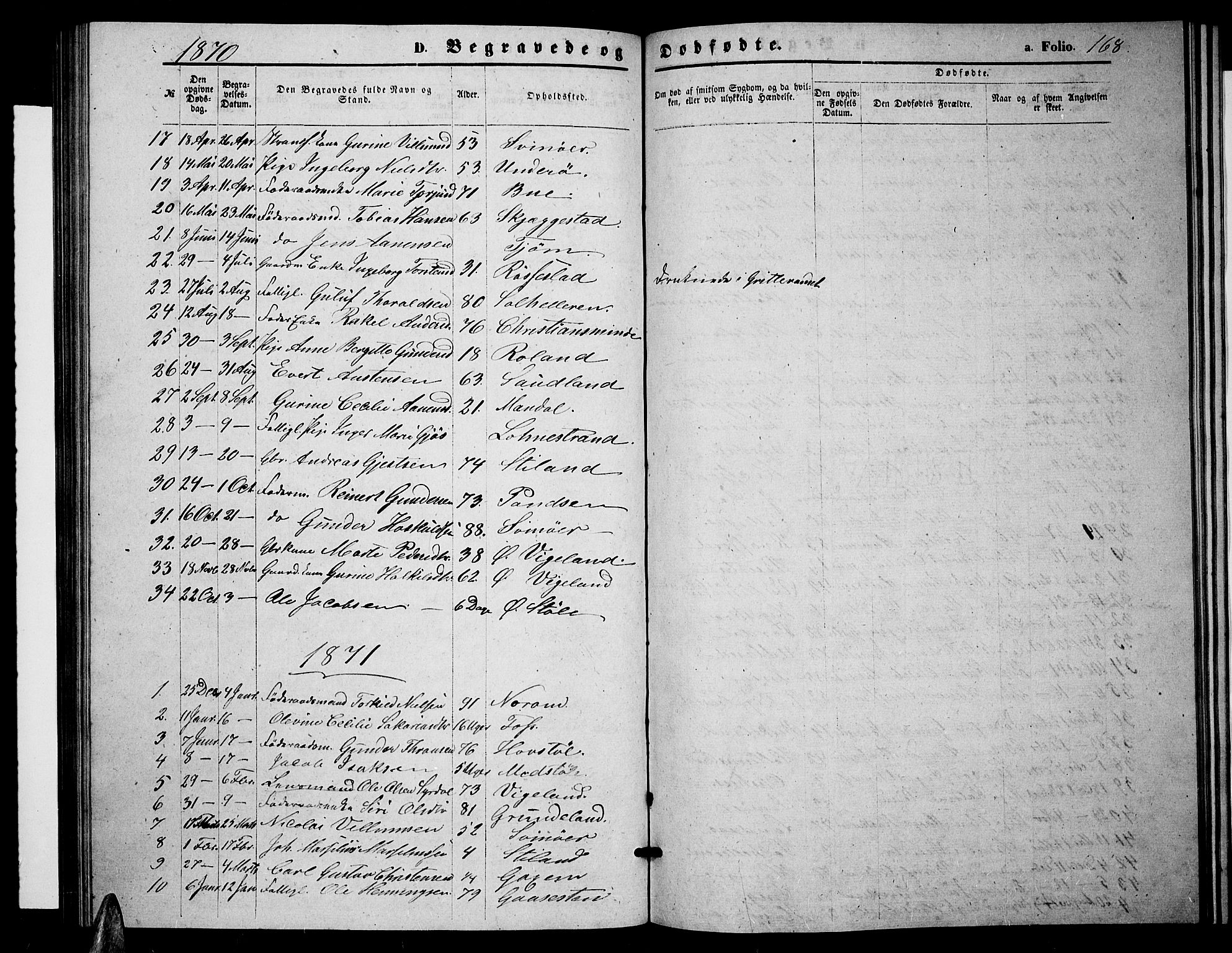 Sør-Audnedal sokneprestkontor, AV/SAK-1111-0039/F/Fb/Fbb/L0004: Parish register (copy) no. B 4, 1868-1879, p. 168