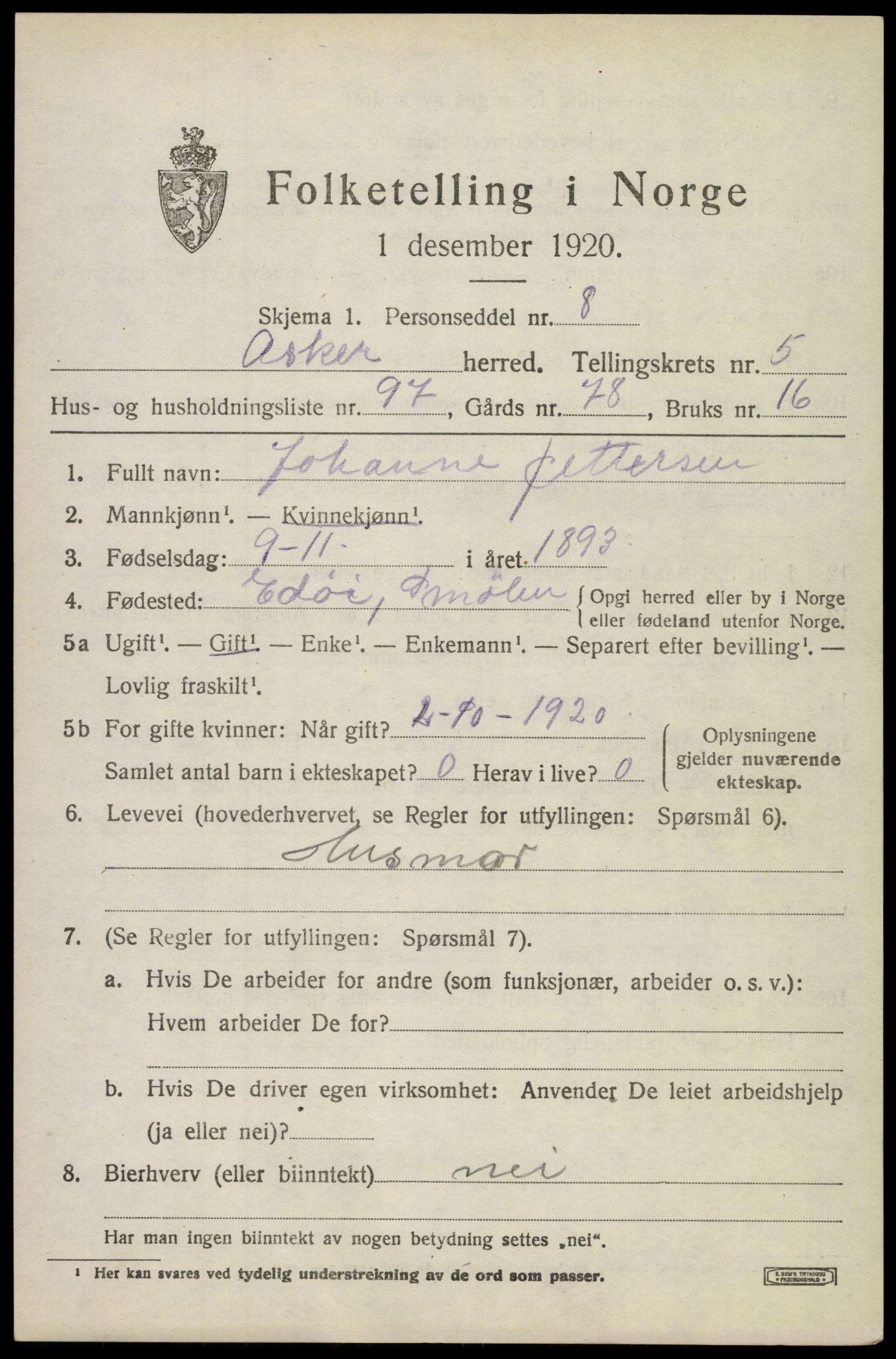 SAO, 1920 census for Asker, 1920, p. 13932