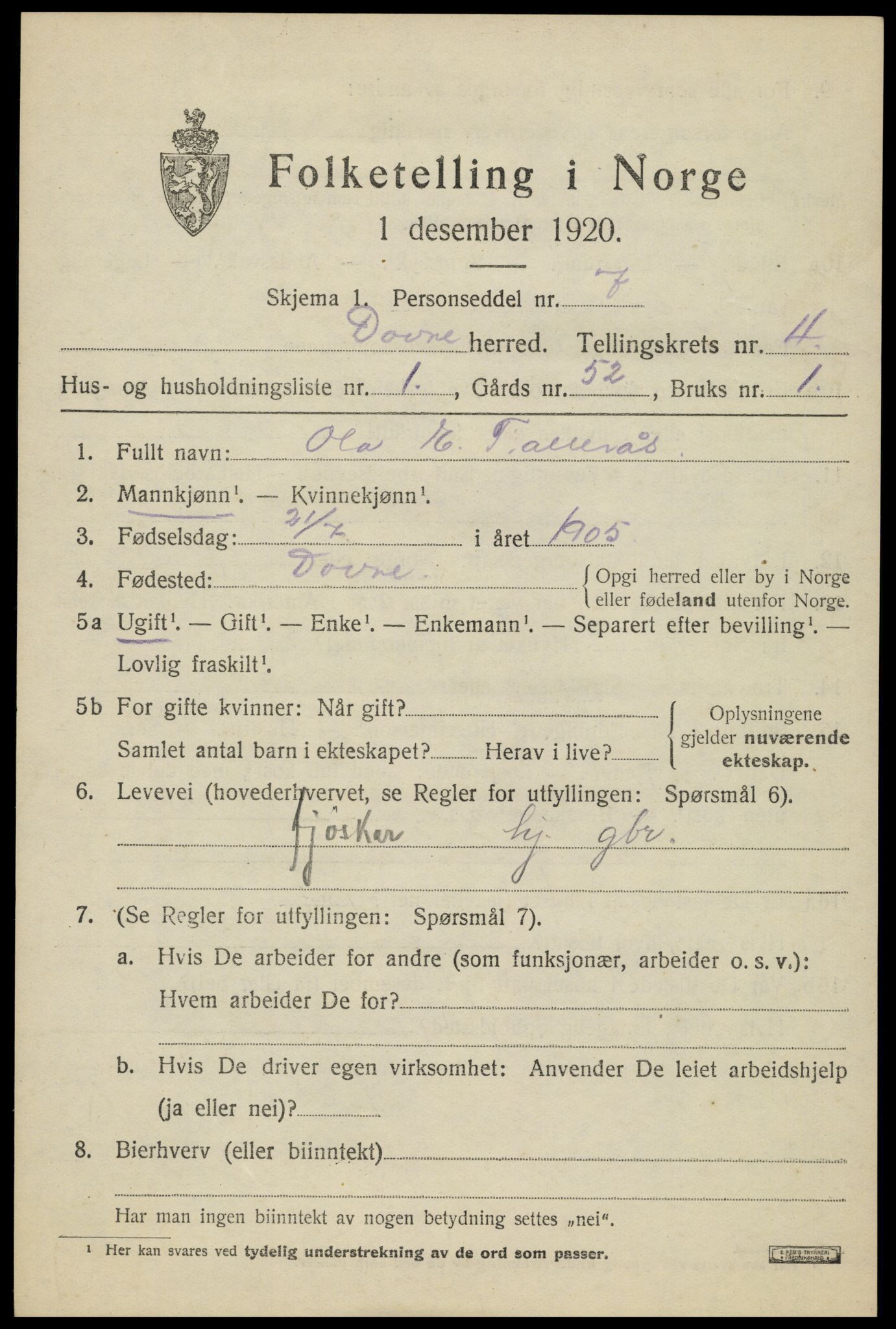 SAH, 1920 census for Dovre, 1920, p. 4554