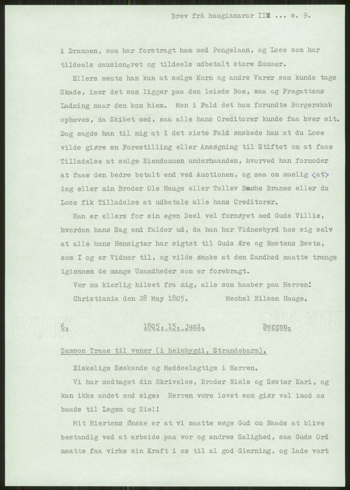 Samlinger til kildeutgivelse, Haugianerbrev, AV/RA-EA-6834/F/L0002: Haugianerbrev II: 1805-1821, 1805-1821, p. 9