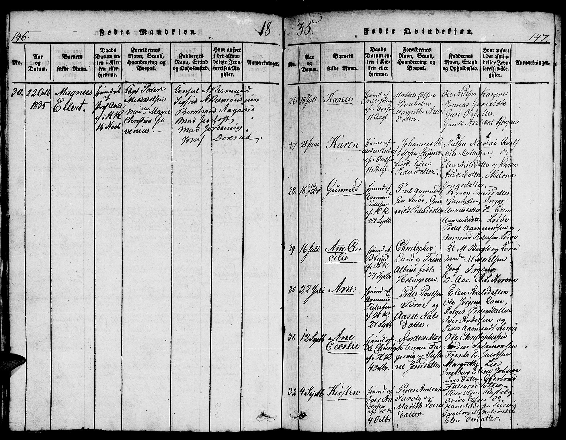 Hammerfest sokneprestkontor, AV/SATØ-S-1347/H/Hb/L0001.klokk: Parish register (copy) no. 1, 1822-1850, p. 146-147