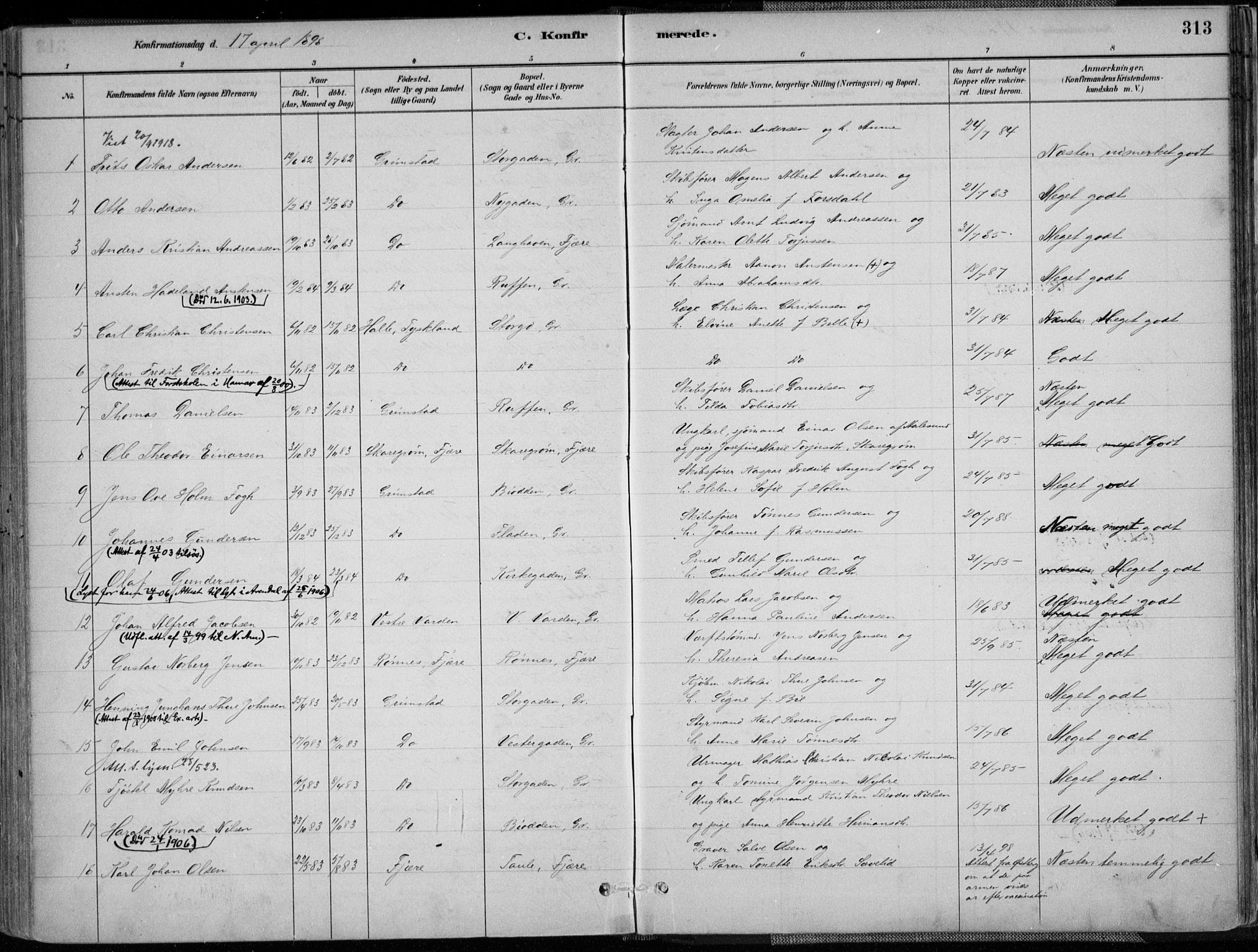 Grimstad sokneprestkontor, AV/SAK-1111-0017/F/Fa/L0003: Parish register (official) no. A 2, 1882-1912, p. 313