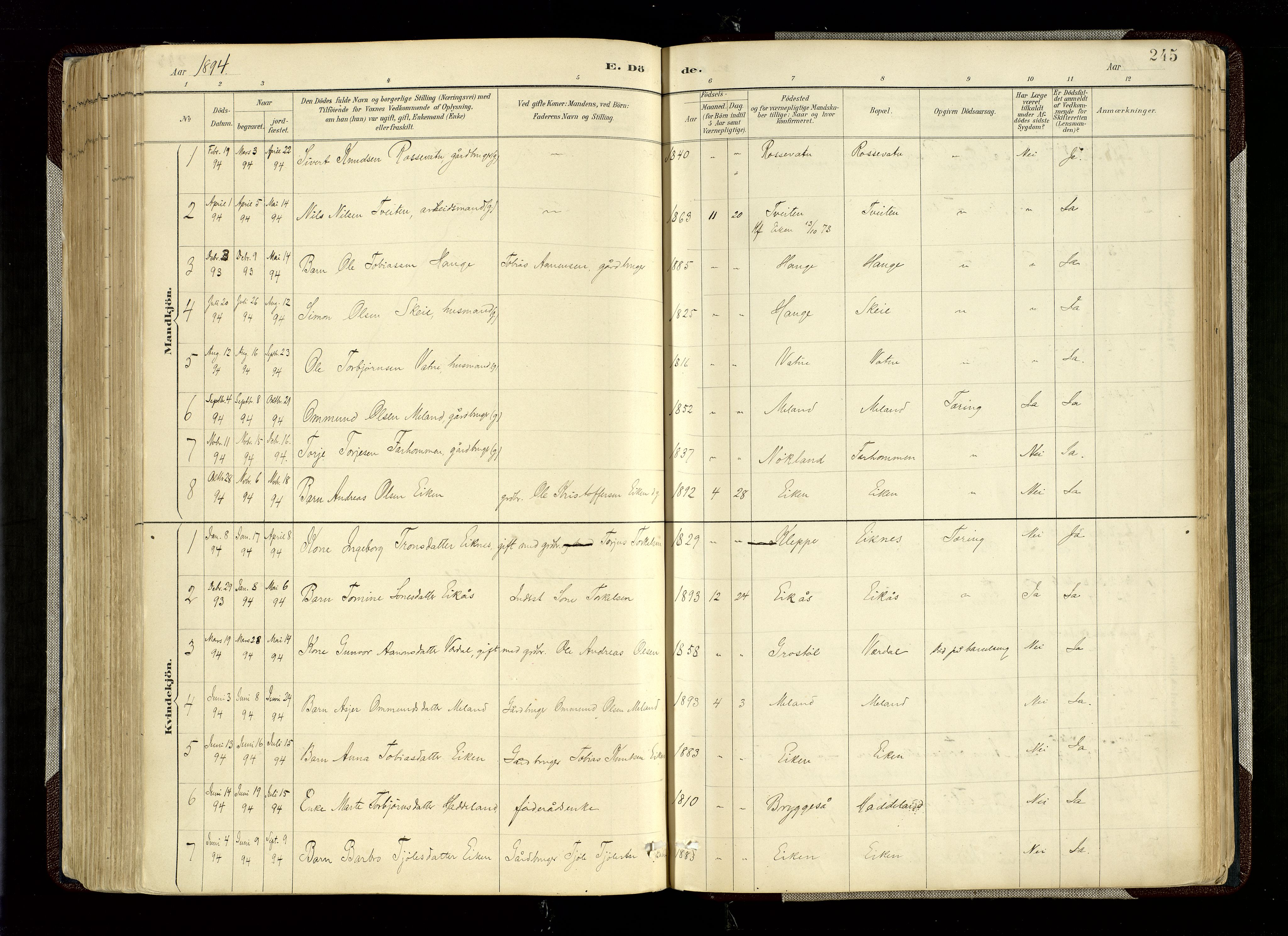 Hægebostad sokneprestkontor, SAK/1111-0024/F/Fa/Fab/L0004: Parish register (official) no. A 4, 1887-1929, p. 245