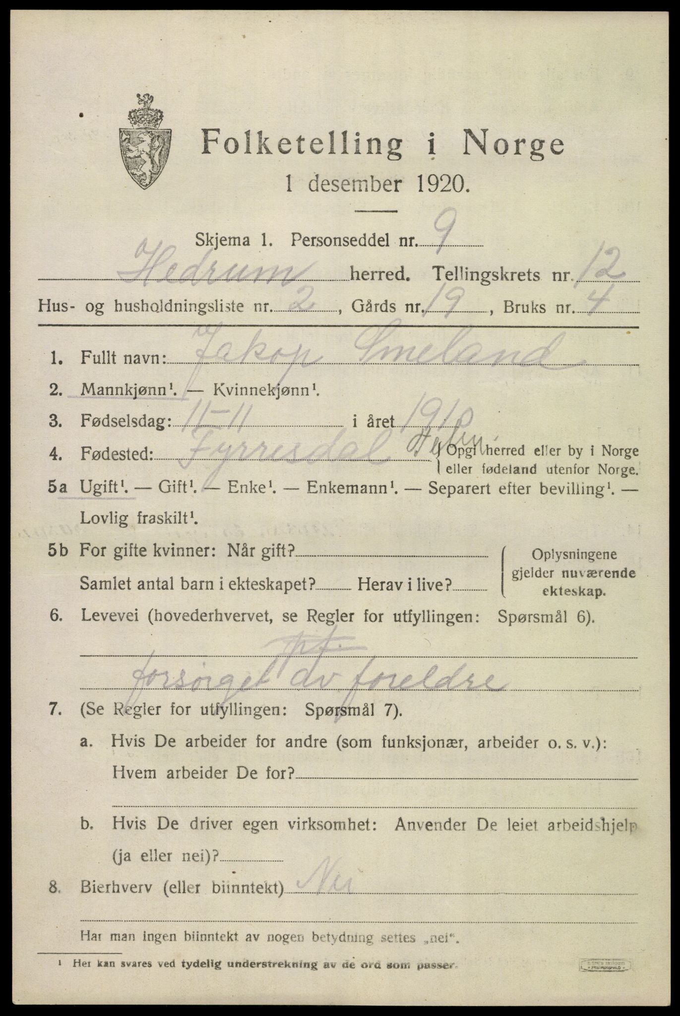 SAKO, 1920 census for Hedrum, 1920, p. 8049