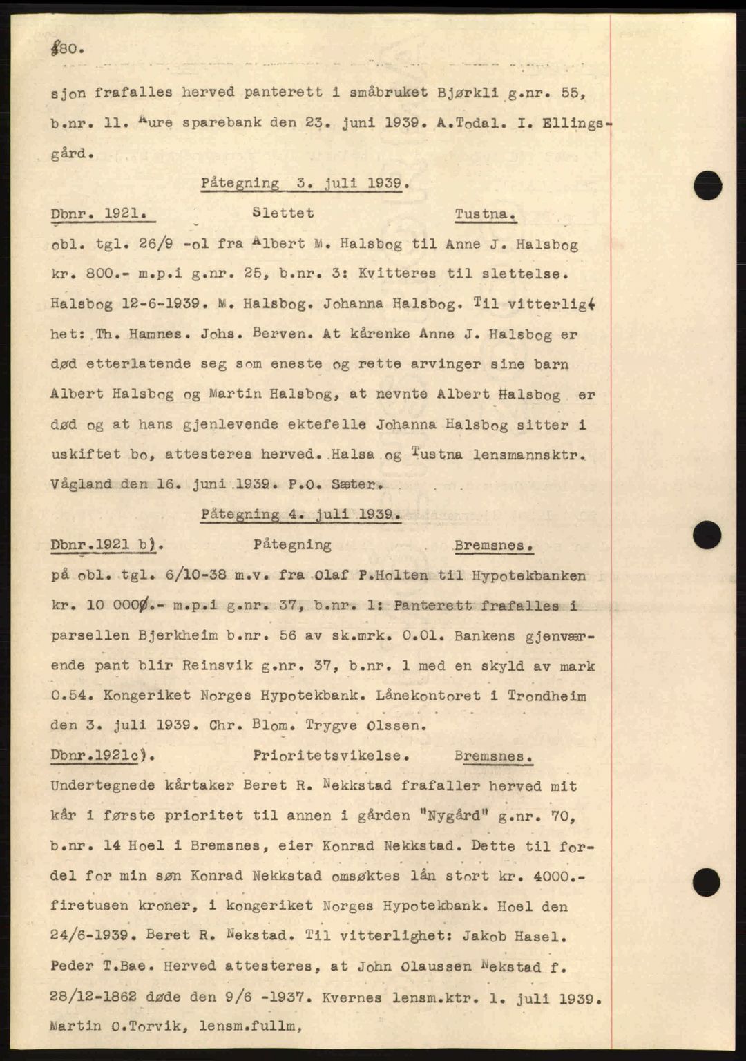 Nordmøre sorenskriveri, AV/SAT-A-4132/1/2/2Ca: Mortgage book no. C80, 1936-1939, Diary no: : 1921/1939