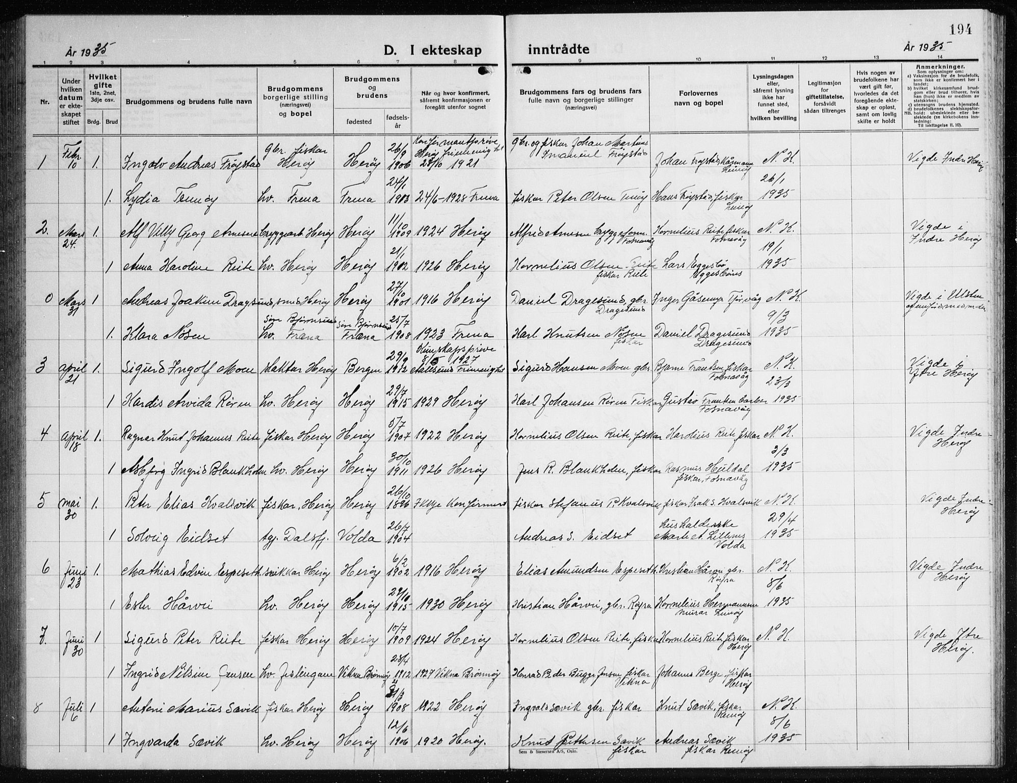 Ministerialprotokoller, klokkerbøker og fødselsregistre - Møre og Romsdal, AV/SAT-A-1454/507/L0085: Parish register (copy) no. 507C08, 1933-1944, p. 194