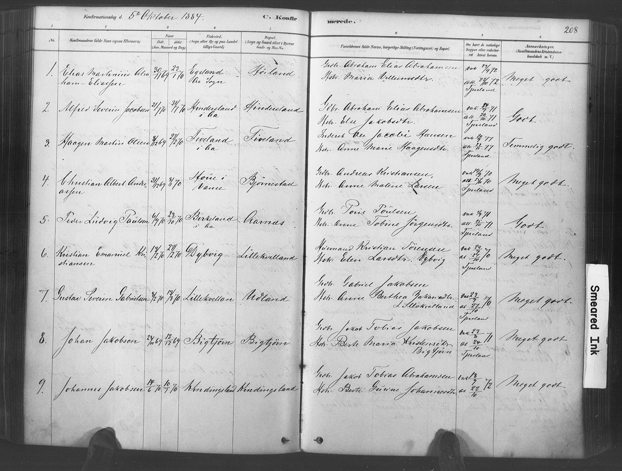 Lyngdal sokneprestkontor, AV/SAK-1111-0029/F/Fa/Fac/L0011: Parish register (official) no. A 11, 1878-1893, p. 208