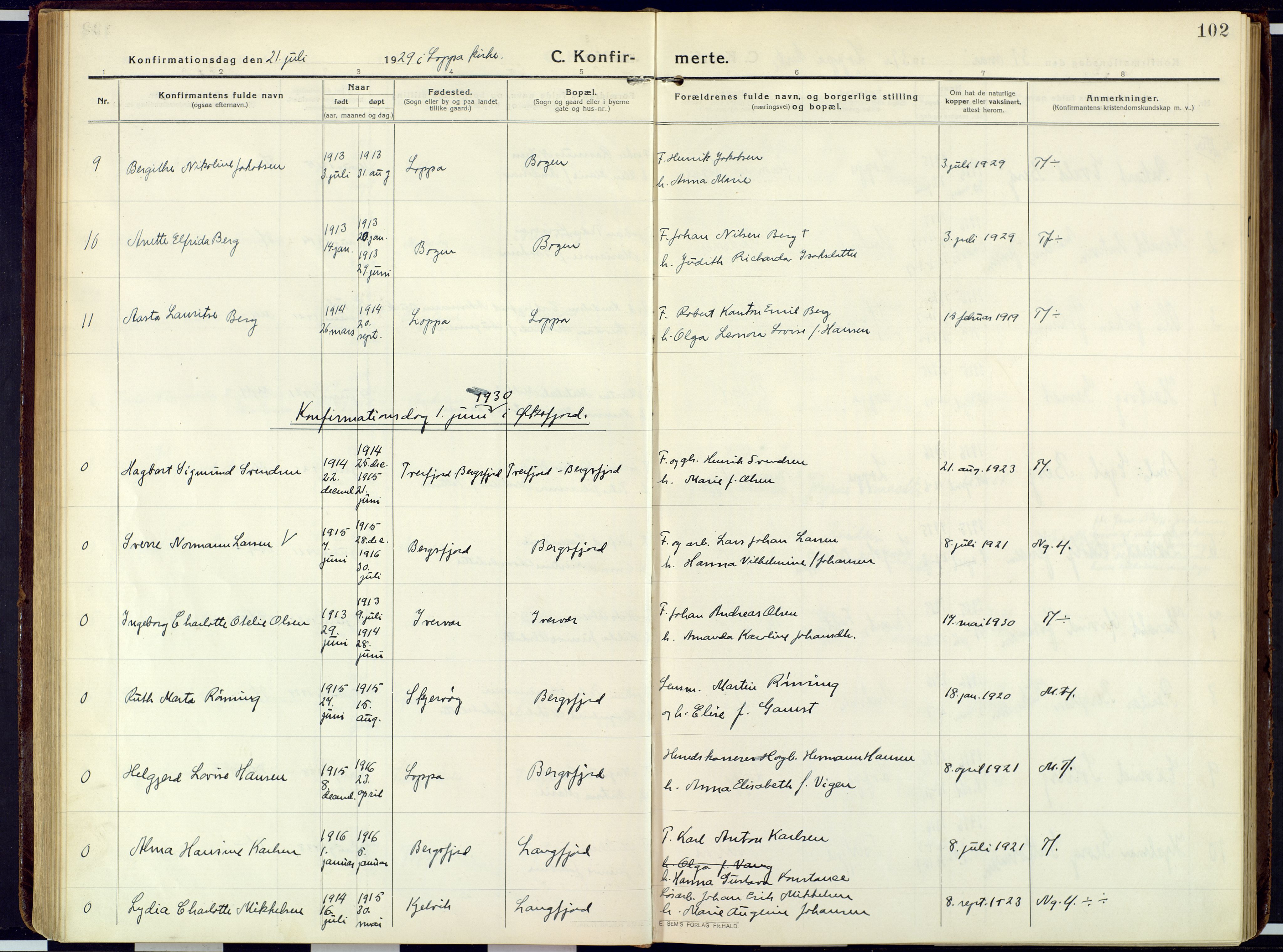 Loppa sokneprestkontor, SATØ/S-1339/H/Ha/L0013kirke: Parish register (official) no. 13, 1920-1932, p. 102