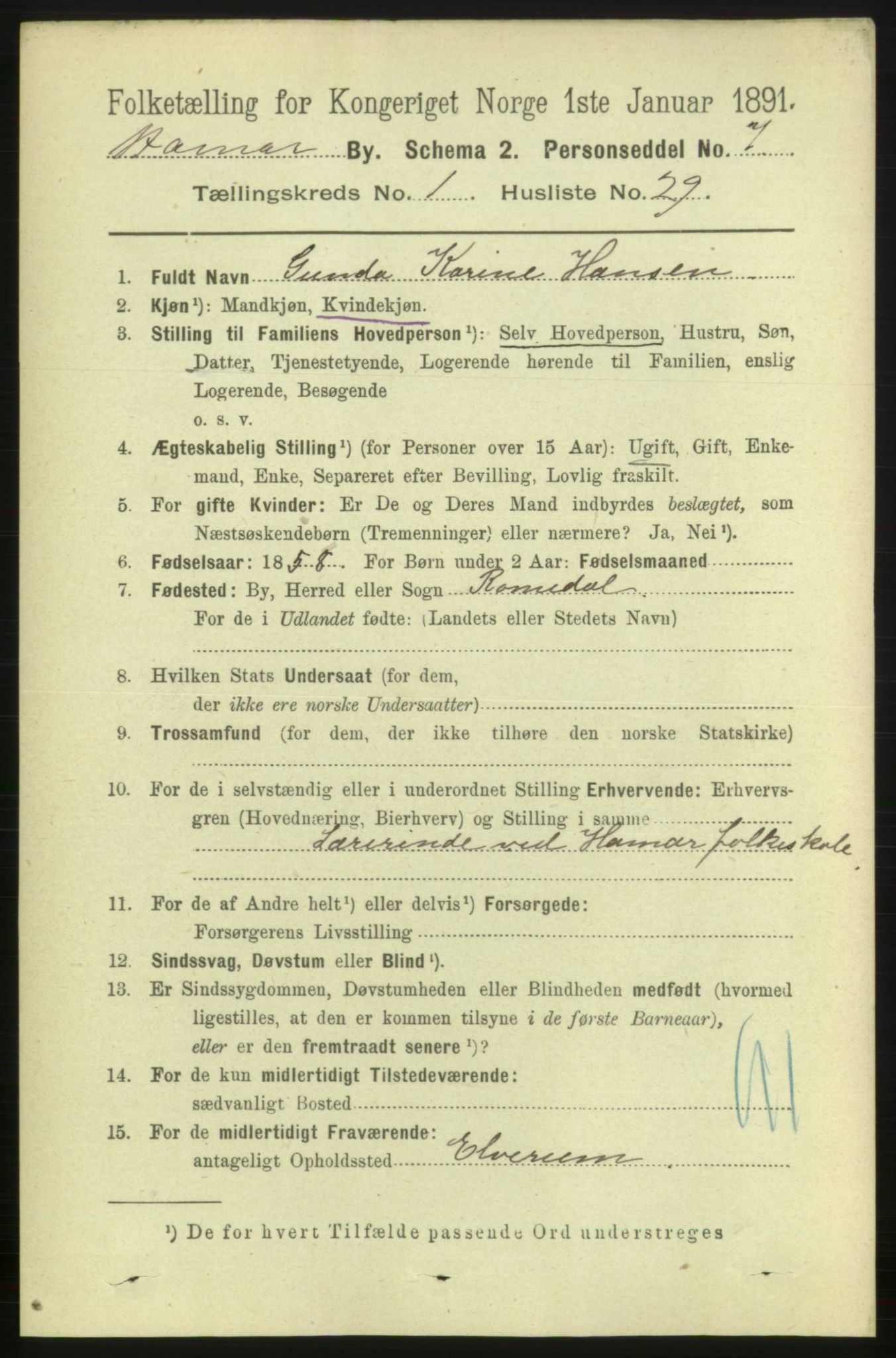 RA, 1891 census for 0401 Hamar, 1891, p. 425