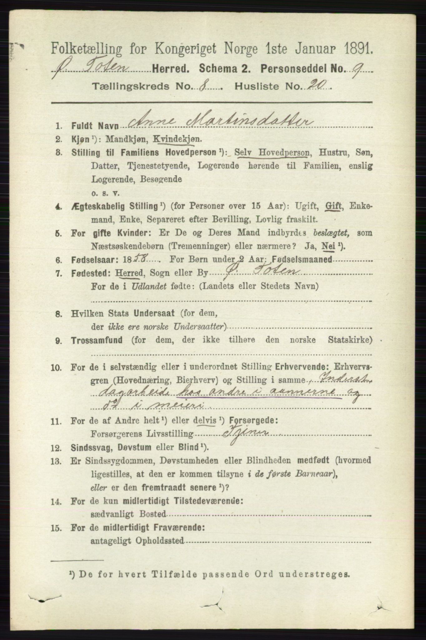 RA, 1891 census for 0528 Østre Toten, 1891, p. 5122