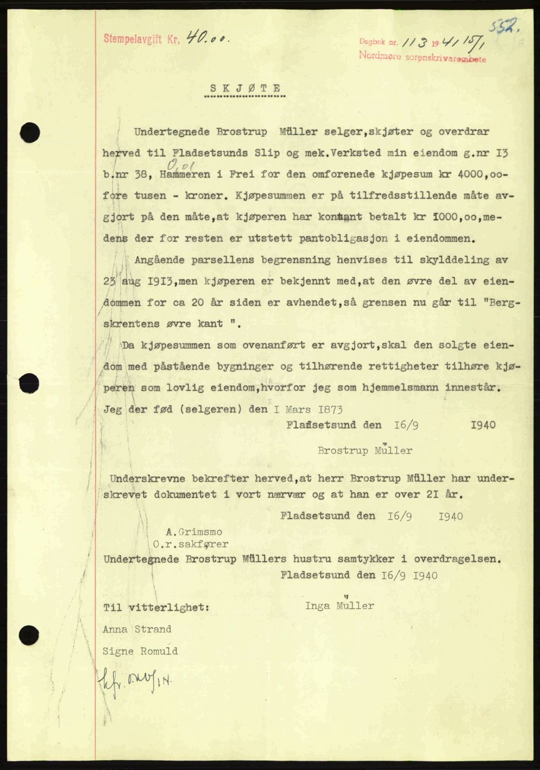 Nordmøre sorenskriveri, SAT/A-4132/1/2/2Ca: Mortgage book no. A89, 1940-1941, Diary no: : 113/1941