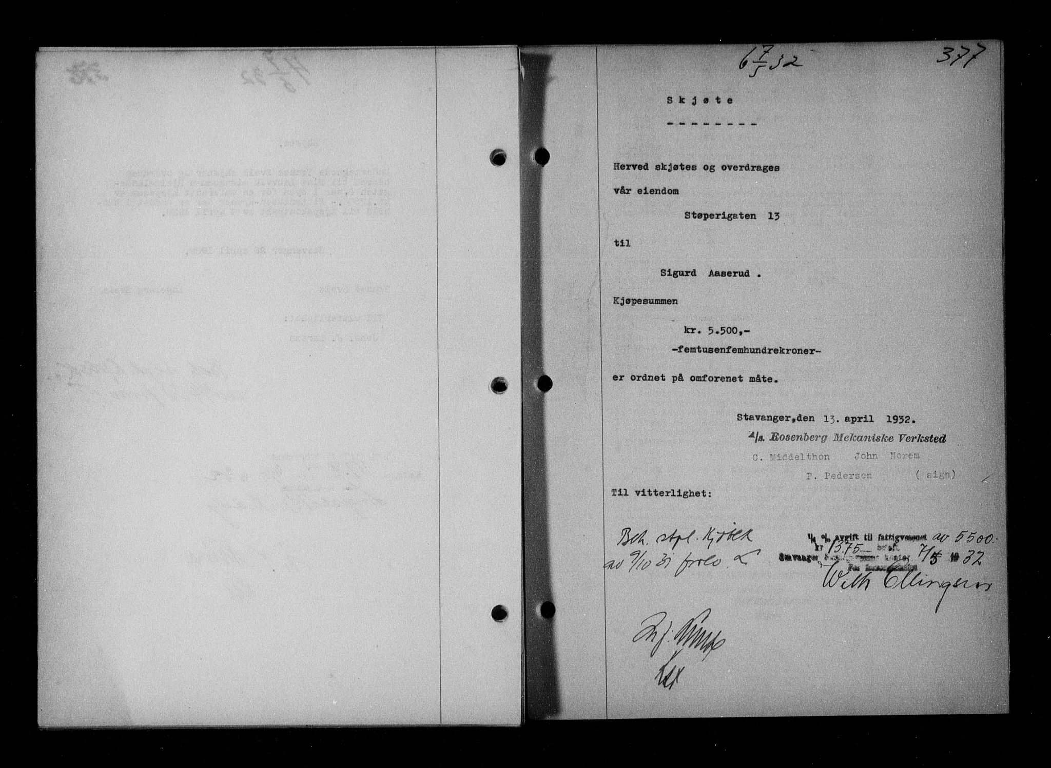 Stavanger byfogd, SAST/A-101408/001/4/41/410/410BB/L0061: Mortgage book no. 51, 1932-1932, Deed date: 07.05.1932