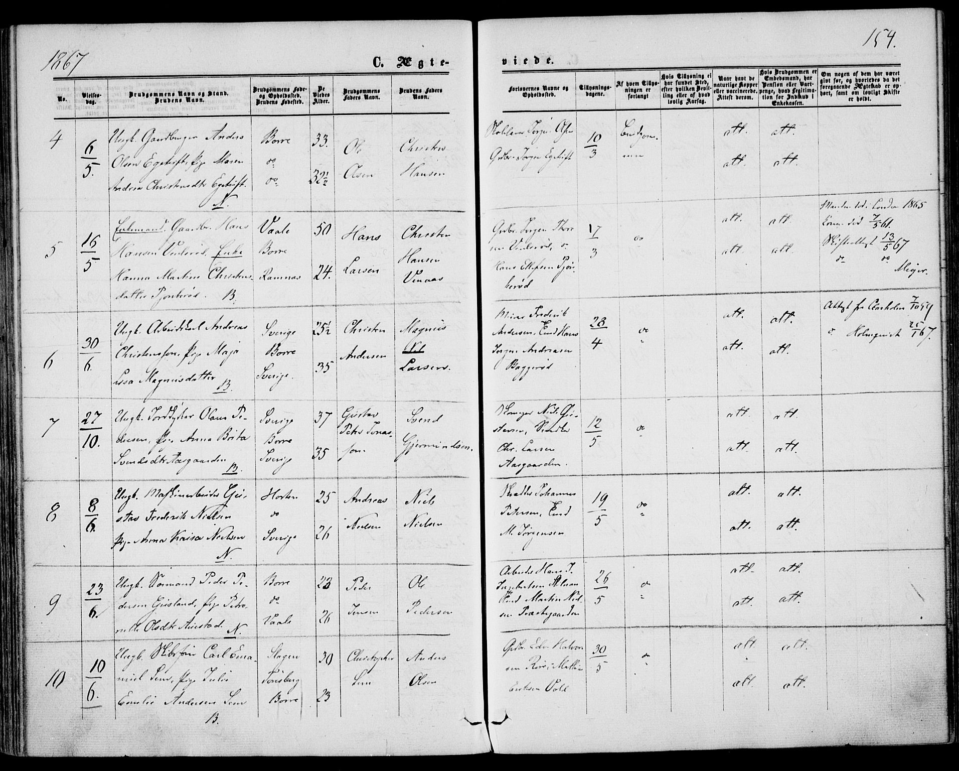 Borre kirkebøker, AV/SAKO-A-338/F/Fa/L0007: Parish register (official) no. I 7, 1862-1867, p. 154