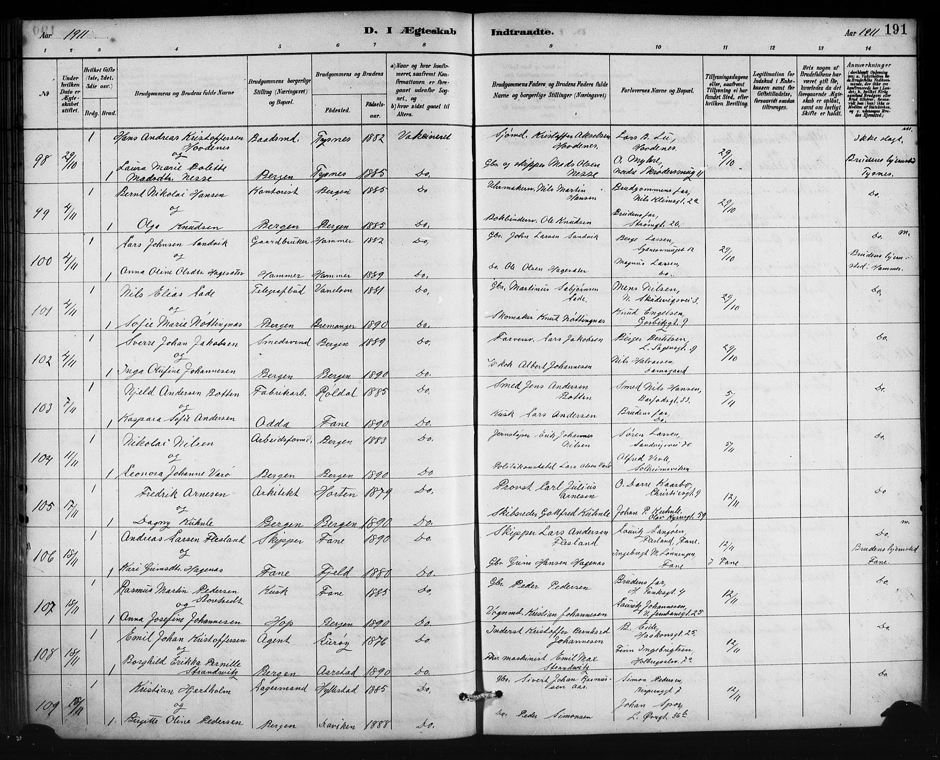 Johanneskirken sokneprestembete, AV/SAB-A-76001/H/Hab: Parish register (copy) no. C 1, 1885-1912, p. 191